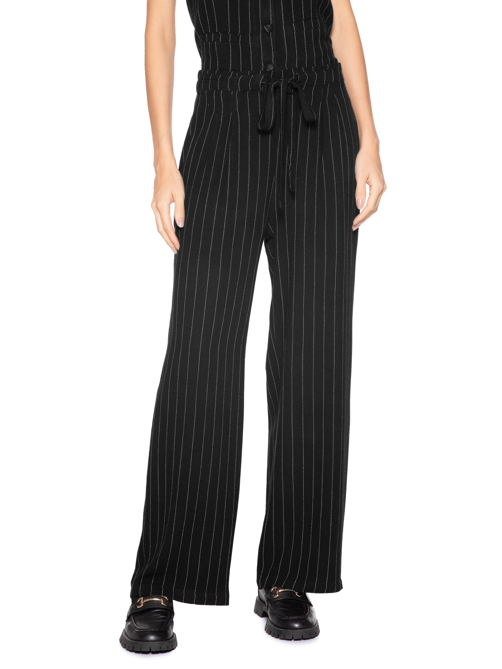 Calça Feminina Pantalona Risca De Giz Com Linho Preto Basiq