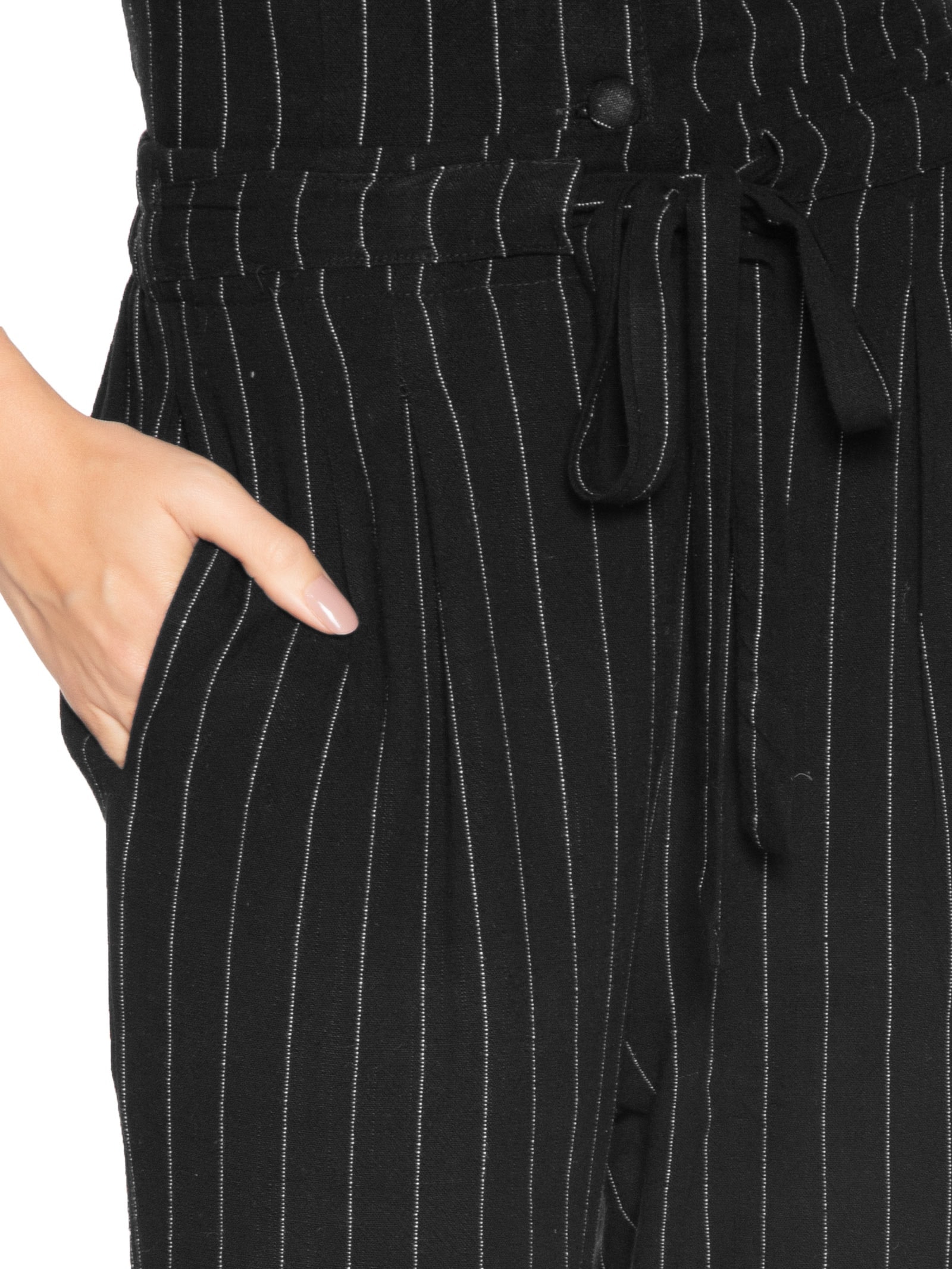 Calça Feminina Pantalona Risca De Giz Com Linho Preto Basiq