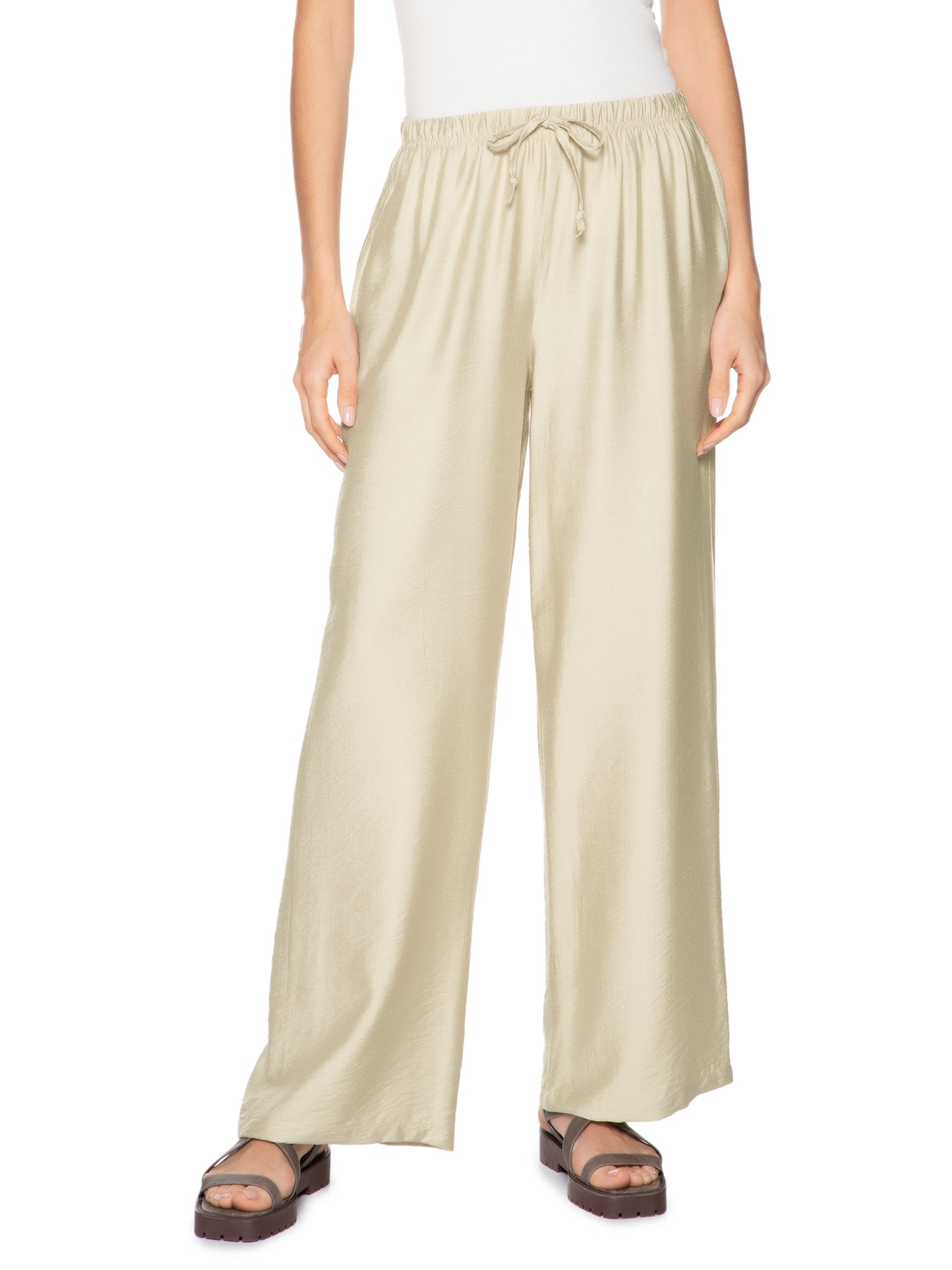 Calça Feminina Pantalona Texturizada Bege Basiq