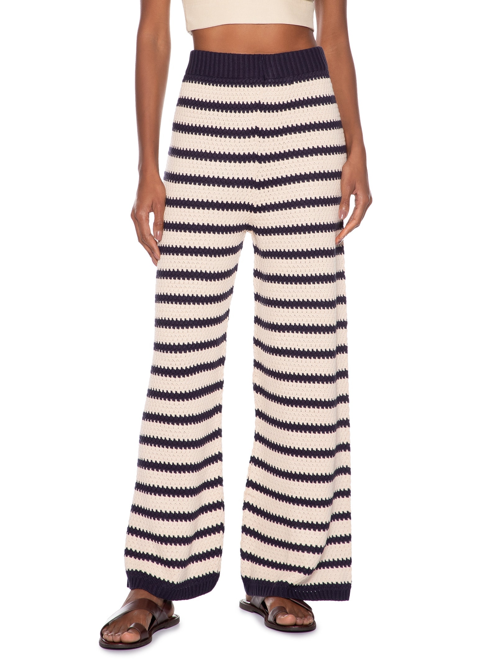 Calça Feminina Pantalona Tricot Listras Lab Branco Cantão