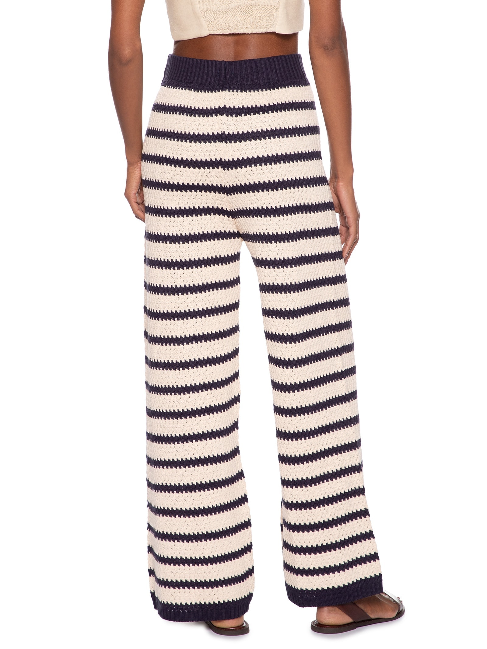 Calça Feminina Pantalona Tricot Listras Lab Branco Cantão