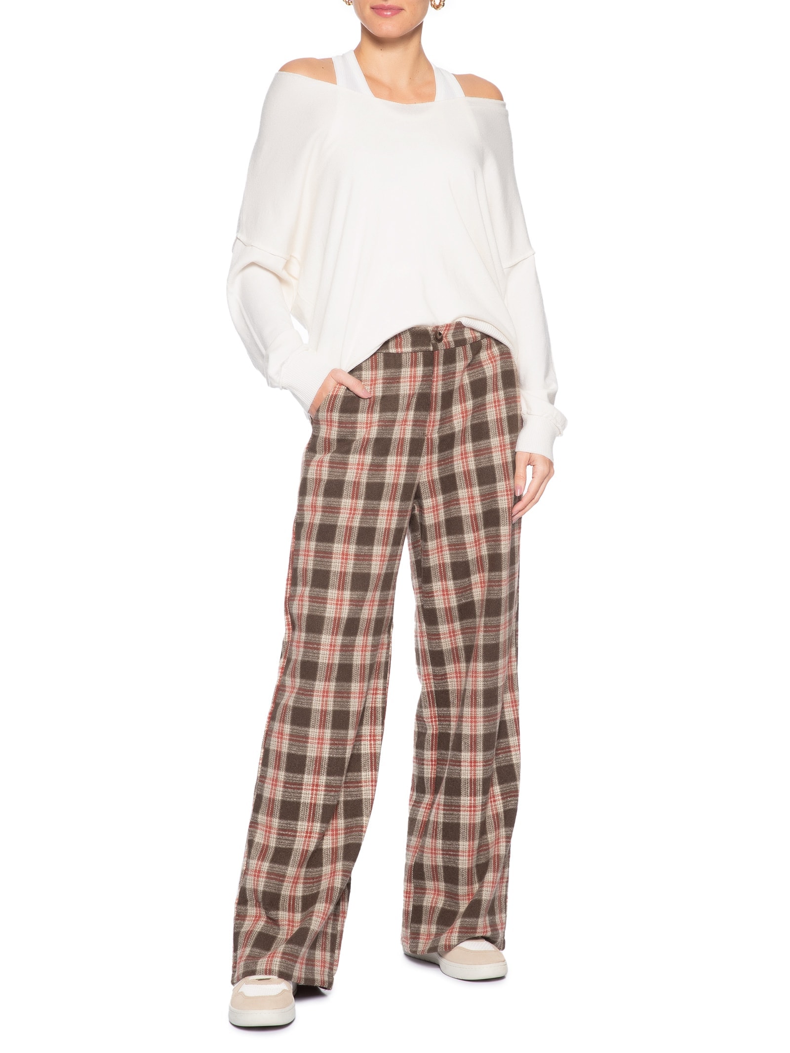 Calça Feminina Pantalona Xadrez Bege Basiq