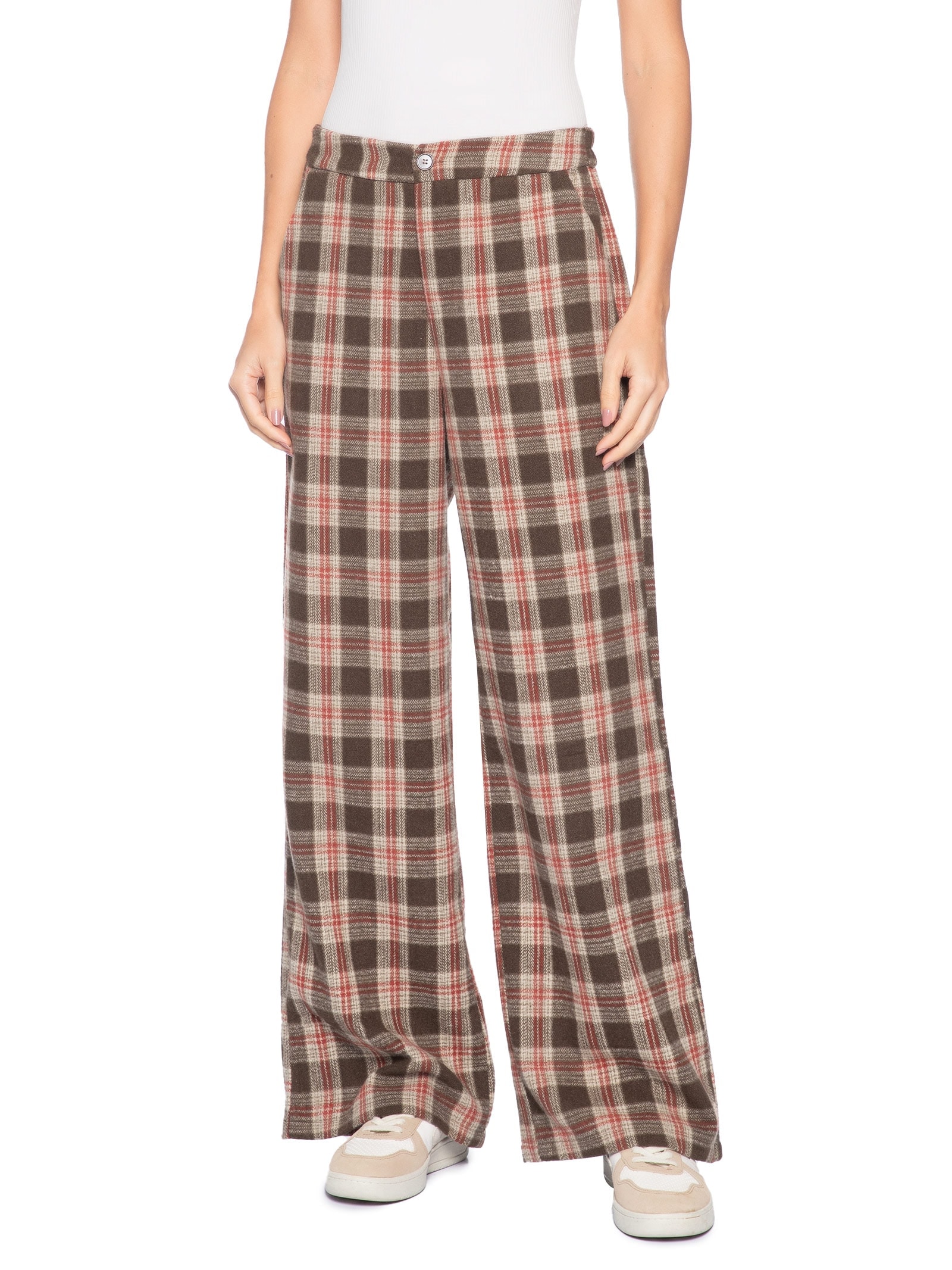 Calça Feminina Pantalona Xadrez Bege Basiq