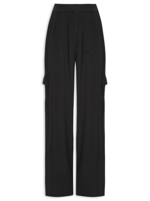 Calça Feminina Plano Pantalona Bolsos Lisa - Preto