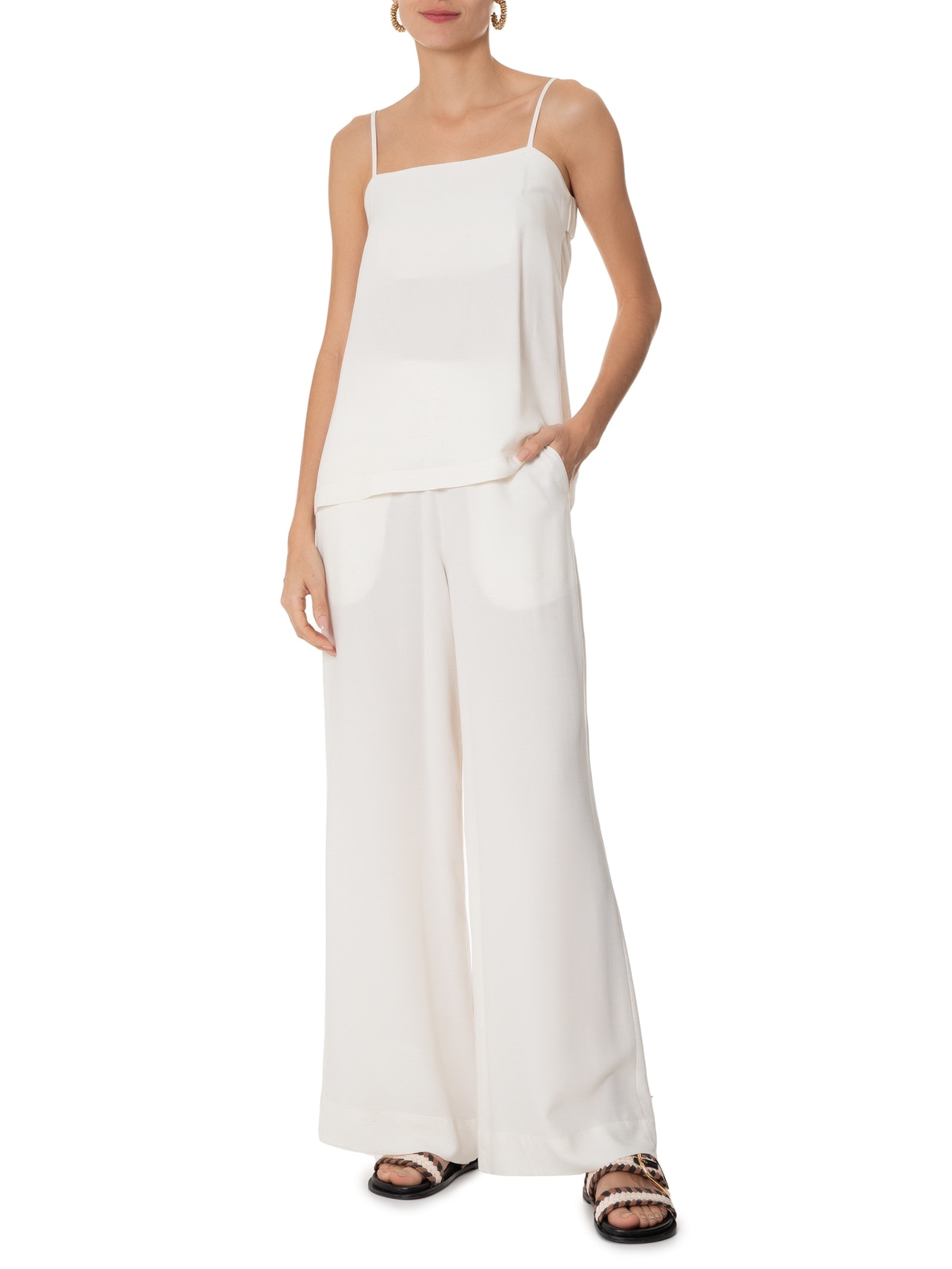 Calça Feminina Pregas Elástico Cintura Branco Dress To