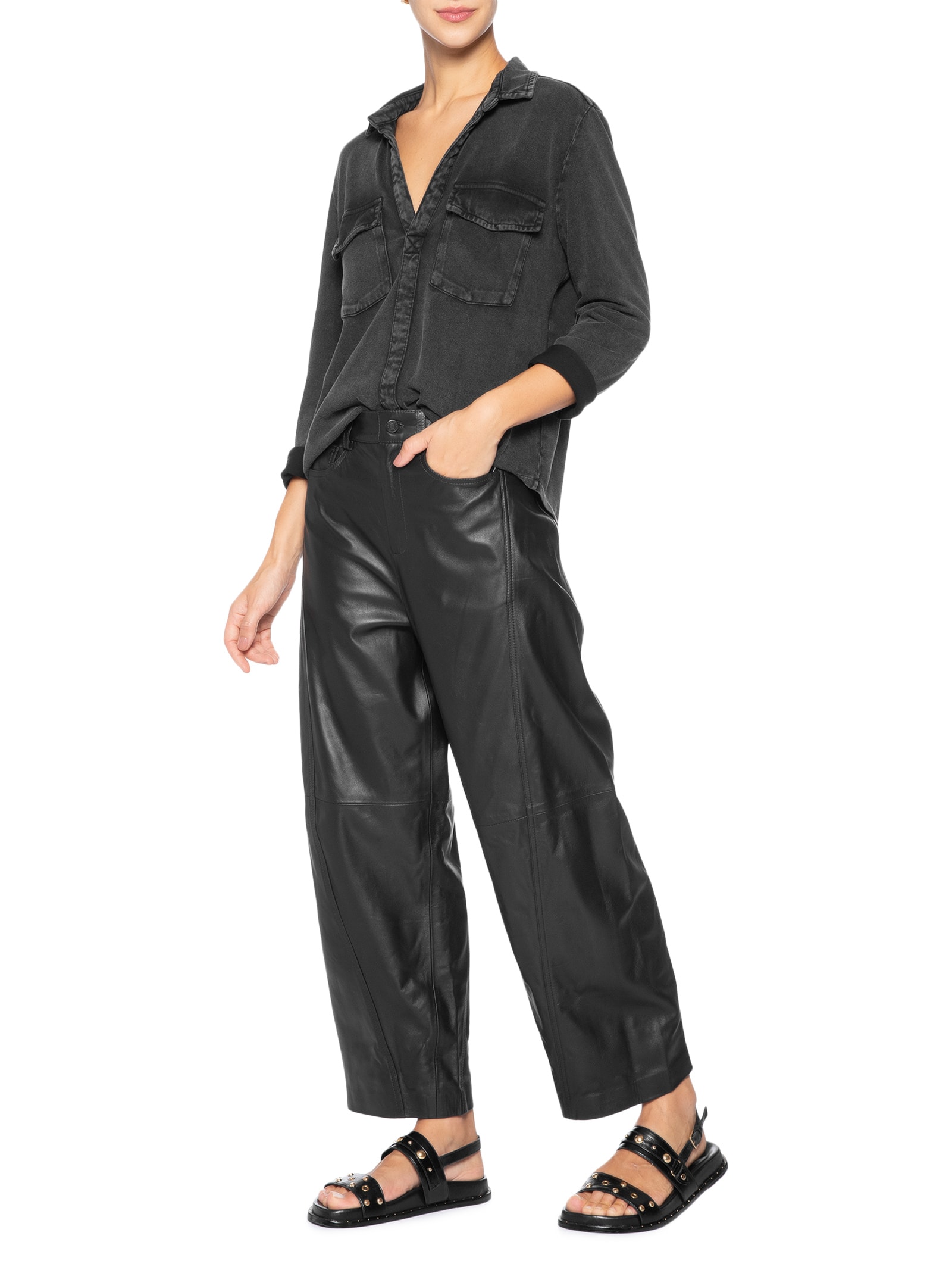 Calça Feminina Recorte Couro Tokio Preto Osklen