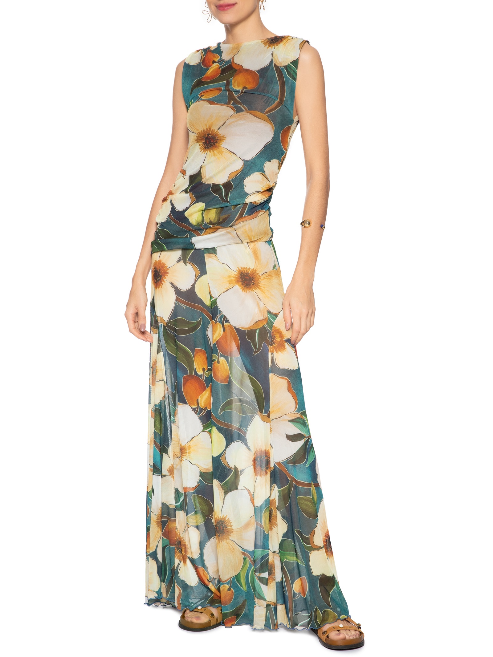  Calça Feminina Recorte Tule Jardim Litoral Azul Farm