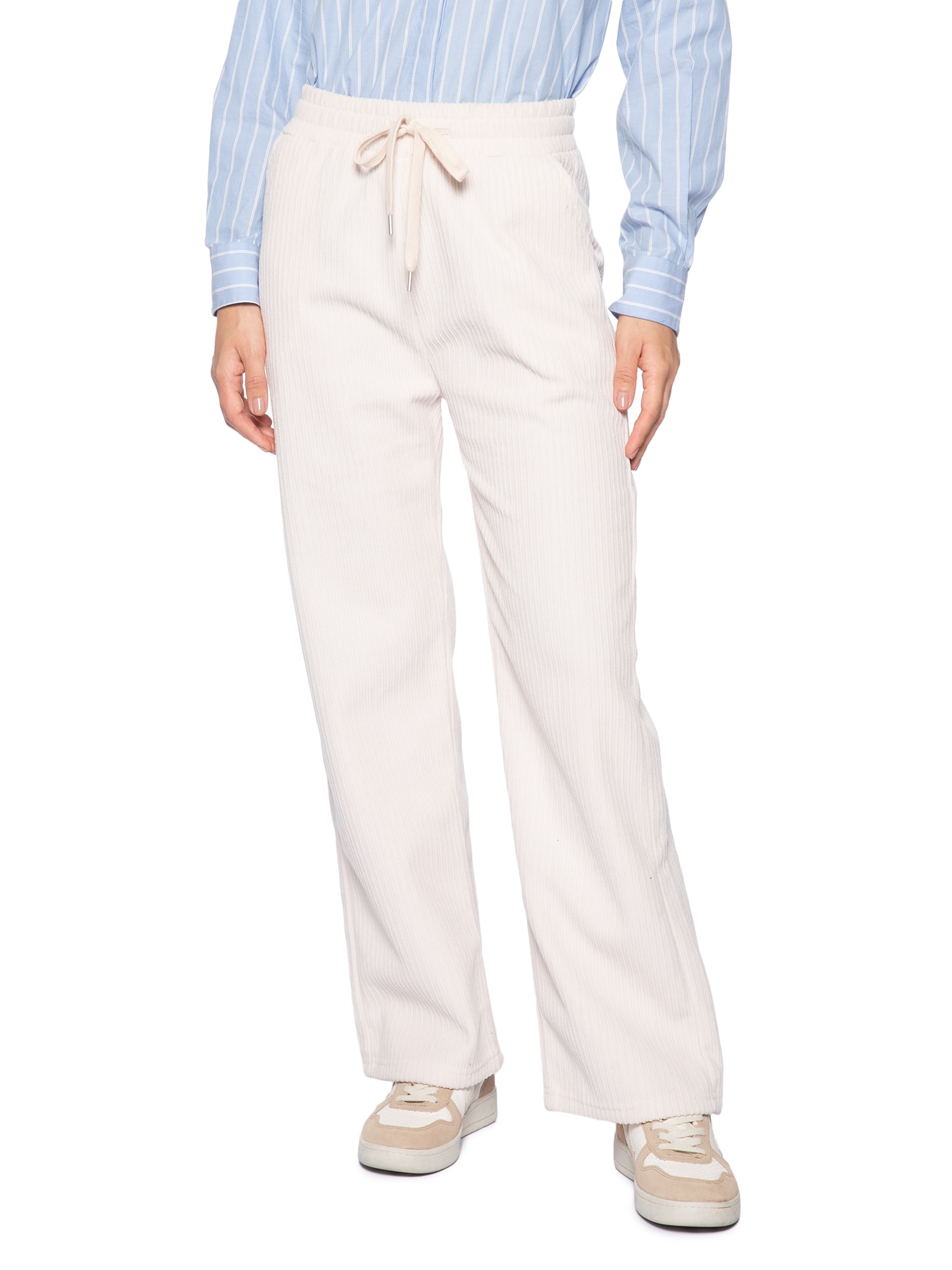 Calça Feminina Reta Canelada Aveludada Off White Basiq