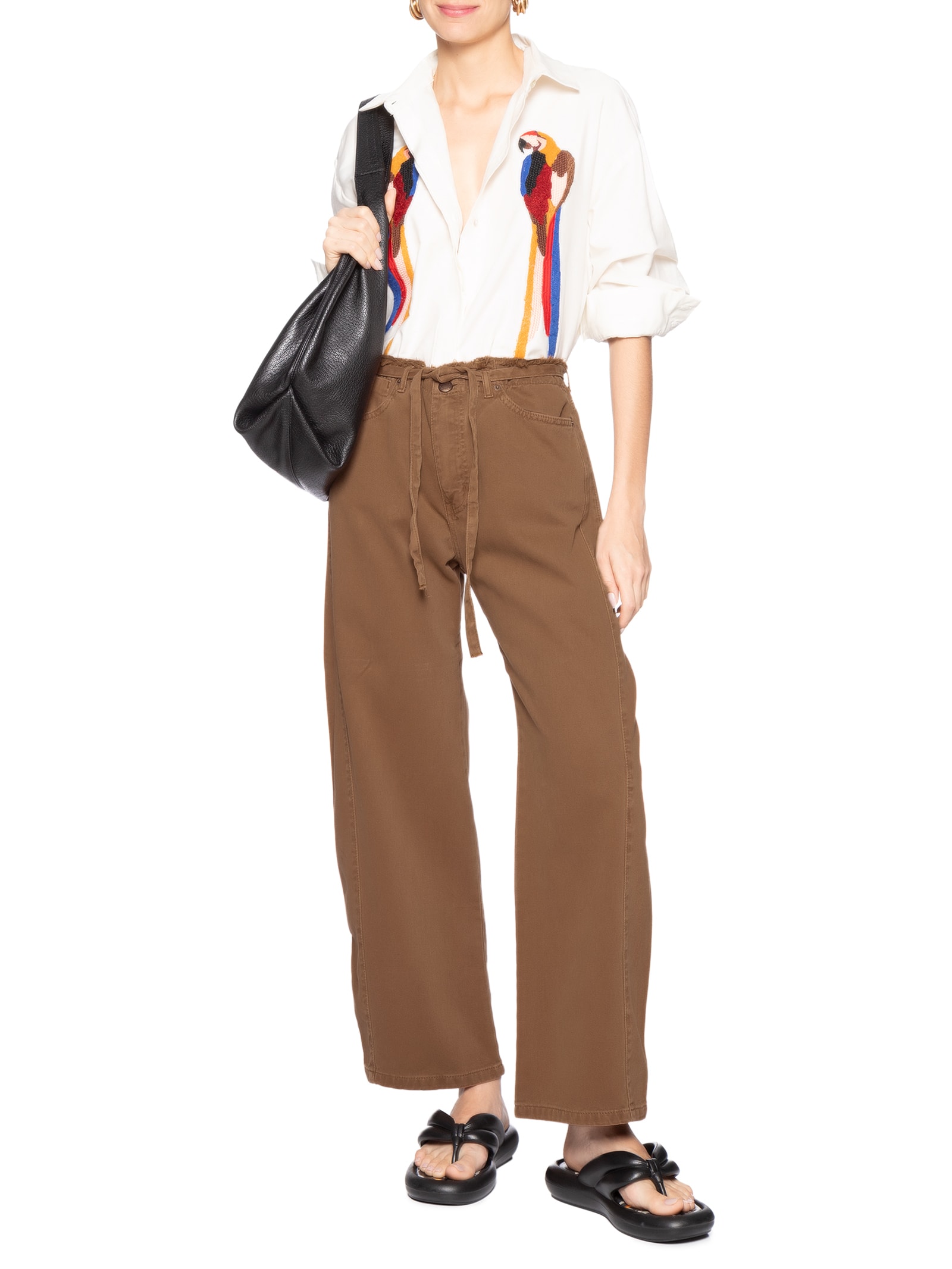 Calça Feminina Reta Cintura Baixa Sarja Color Marrom Farm