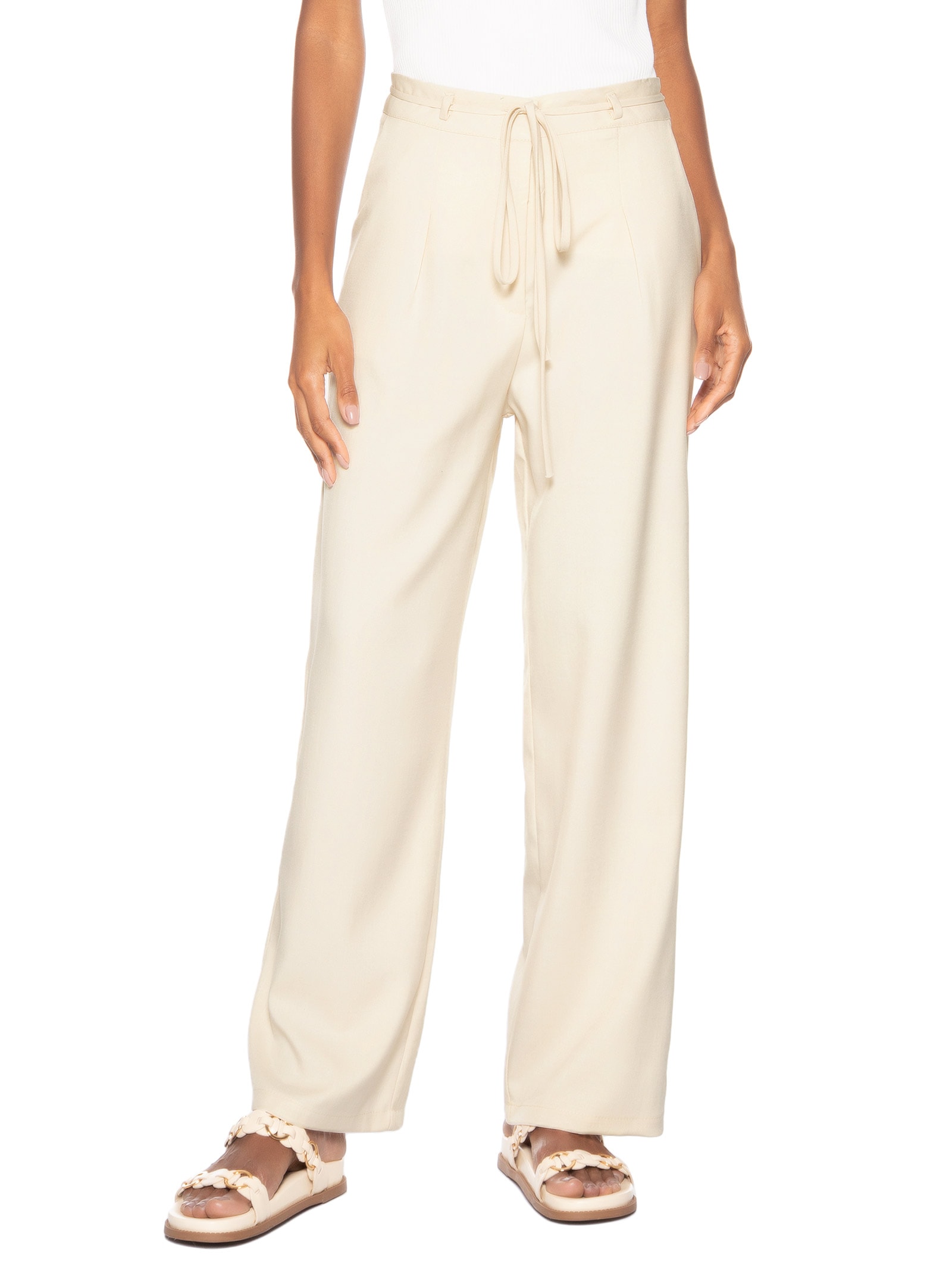 Calça Feminina Reta Com Amarração Off White Basiq