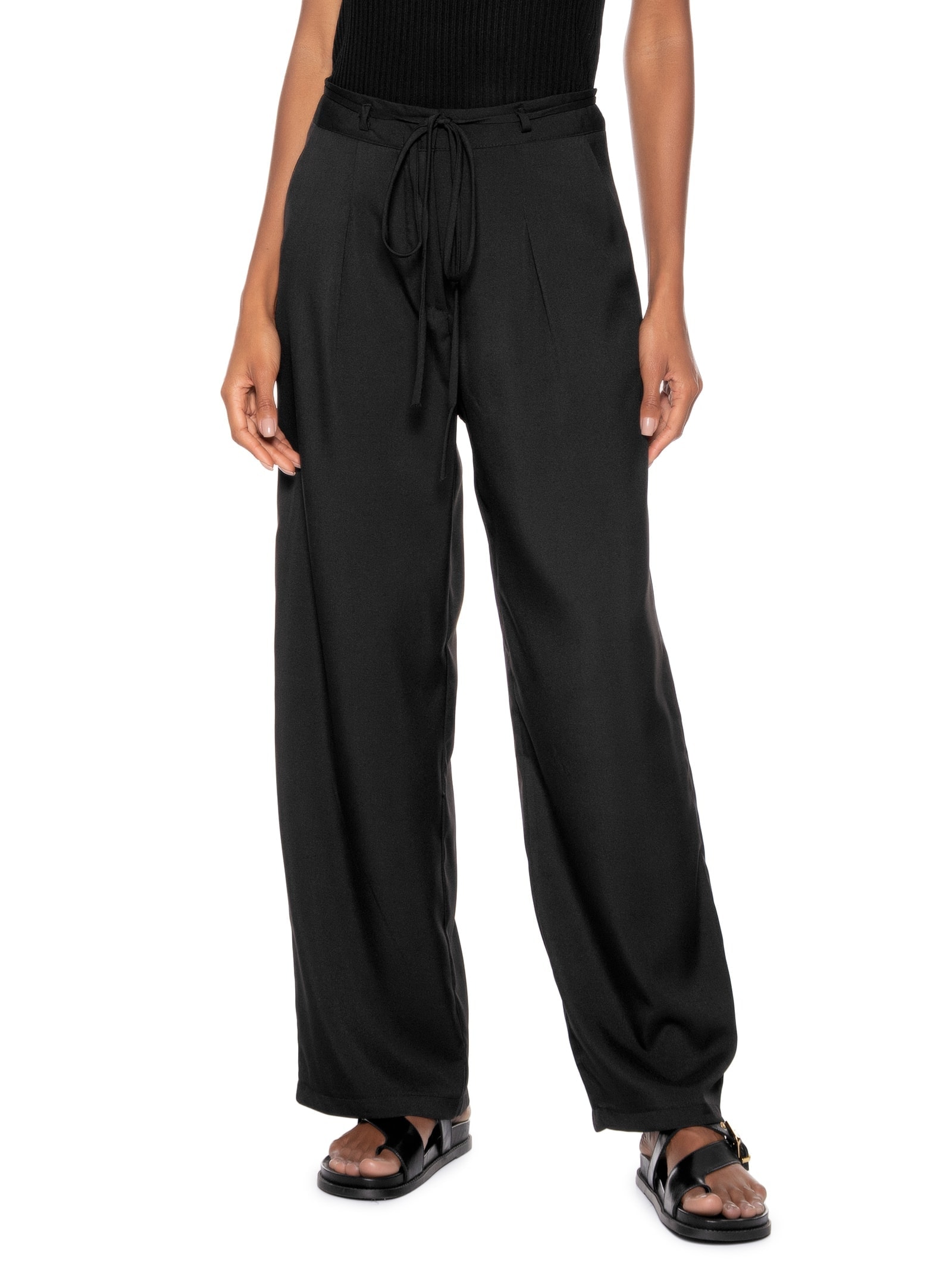 Calça Feminina Reta Com Amarração Preto Basiq