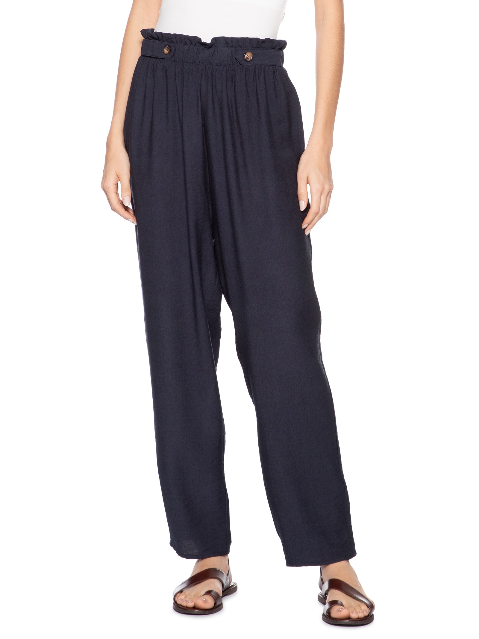 Calça Feminina Reta Com Bolso Azul Basiq