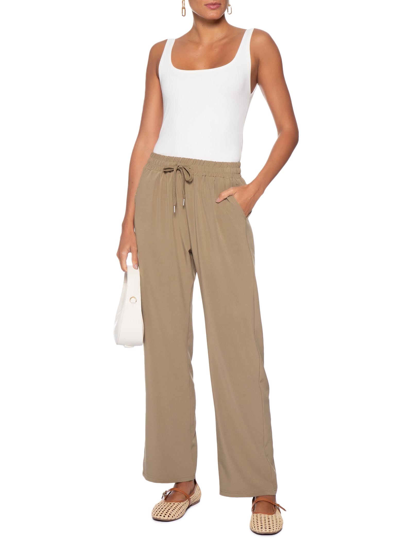 Calça Feminina Reta Com Cordão Marrom Basiq
