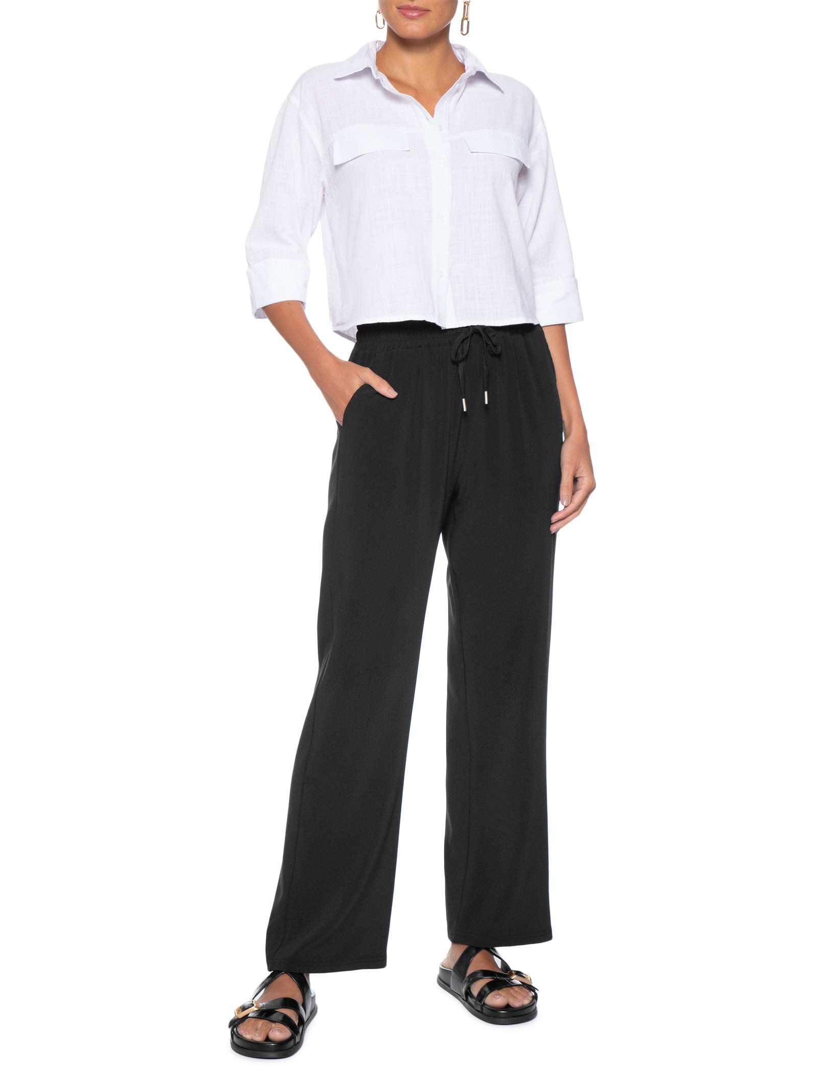 Calça Feminina Reta Com Cordão Preto Basiq