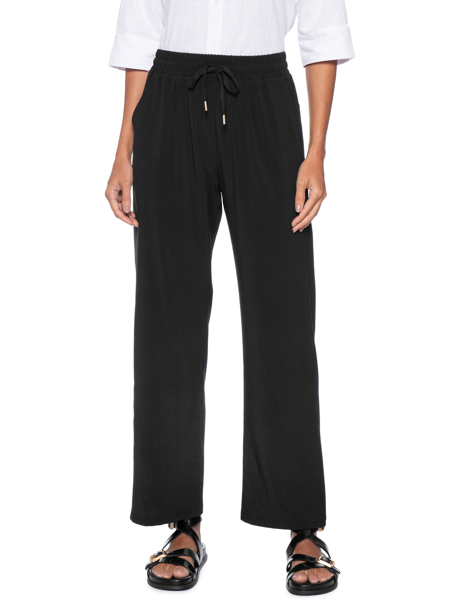 Calça Feminina Reta Com Cordão Preto Basiq