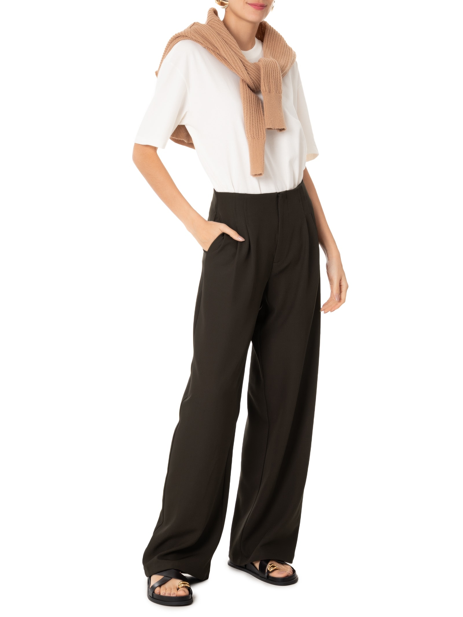 Calça Feminina Reta Com Pregas Marrom Basiq