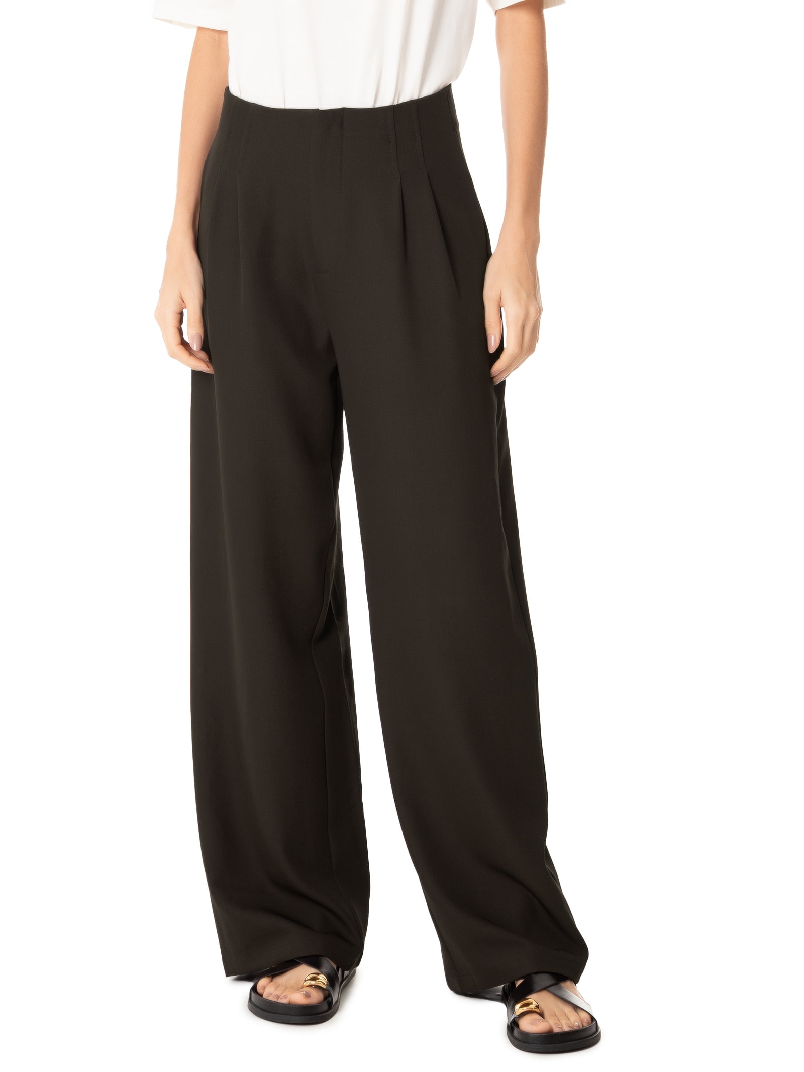 Calça Feminina Reta Com Pregas Marrom Basiq