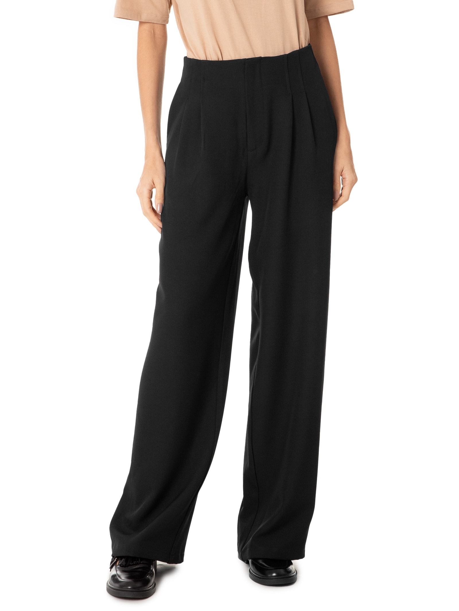 Calça Feminina Reta Com Pregas Preto Basiq