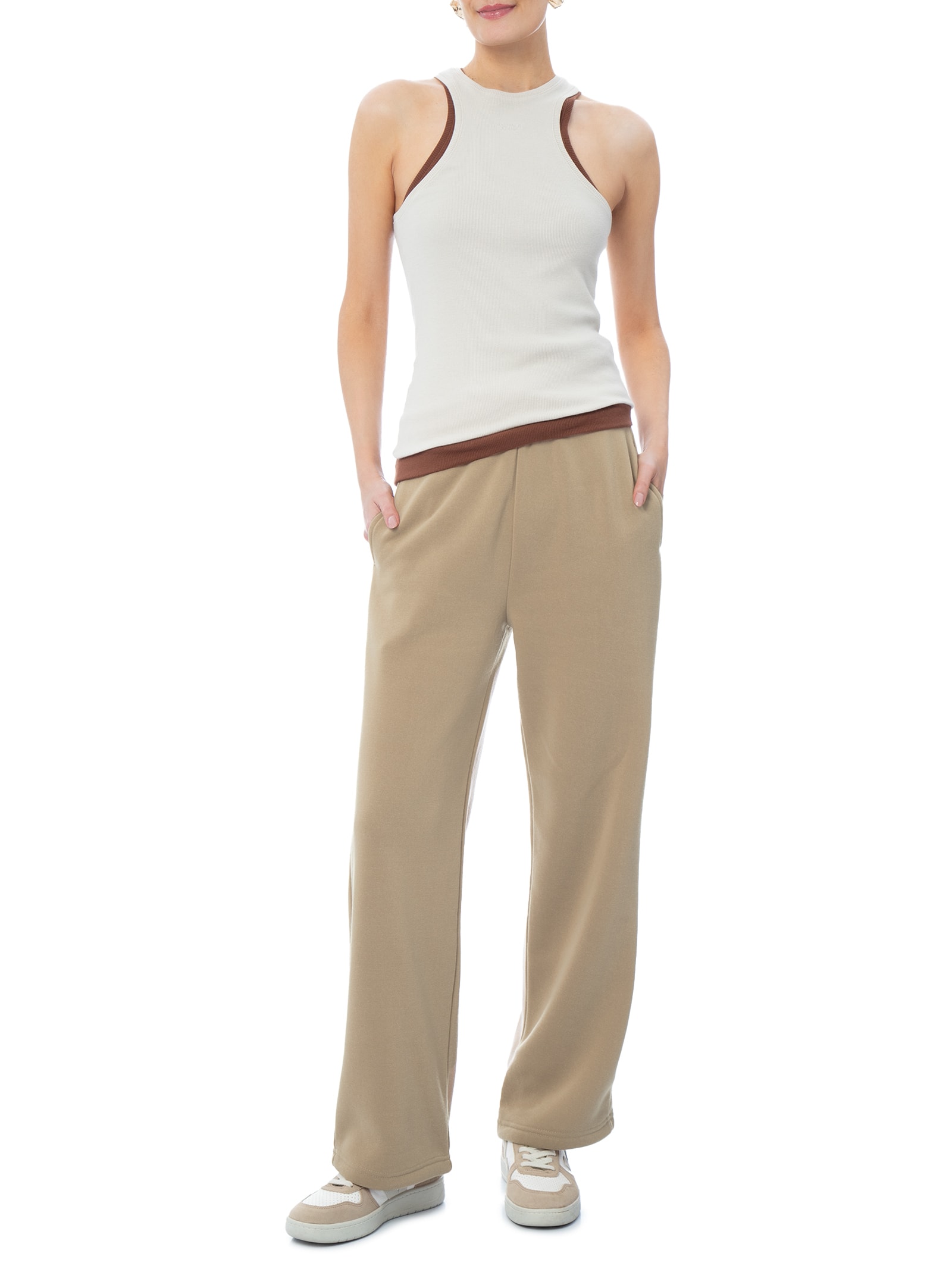 Calça Feminina Reta de Moletom Bege Basiq