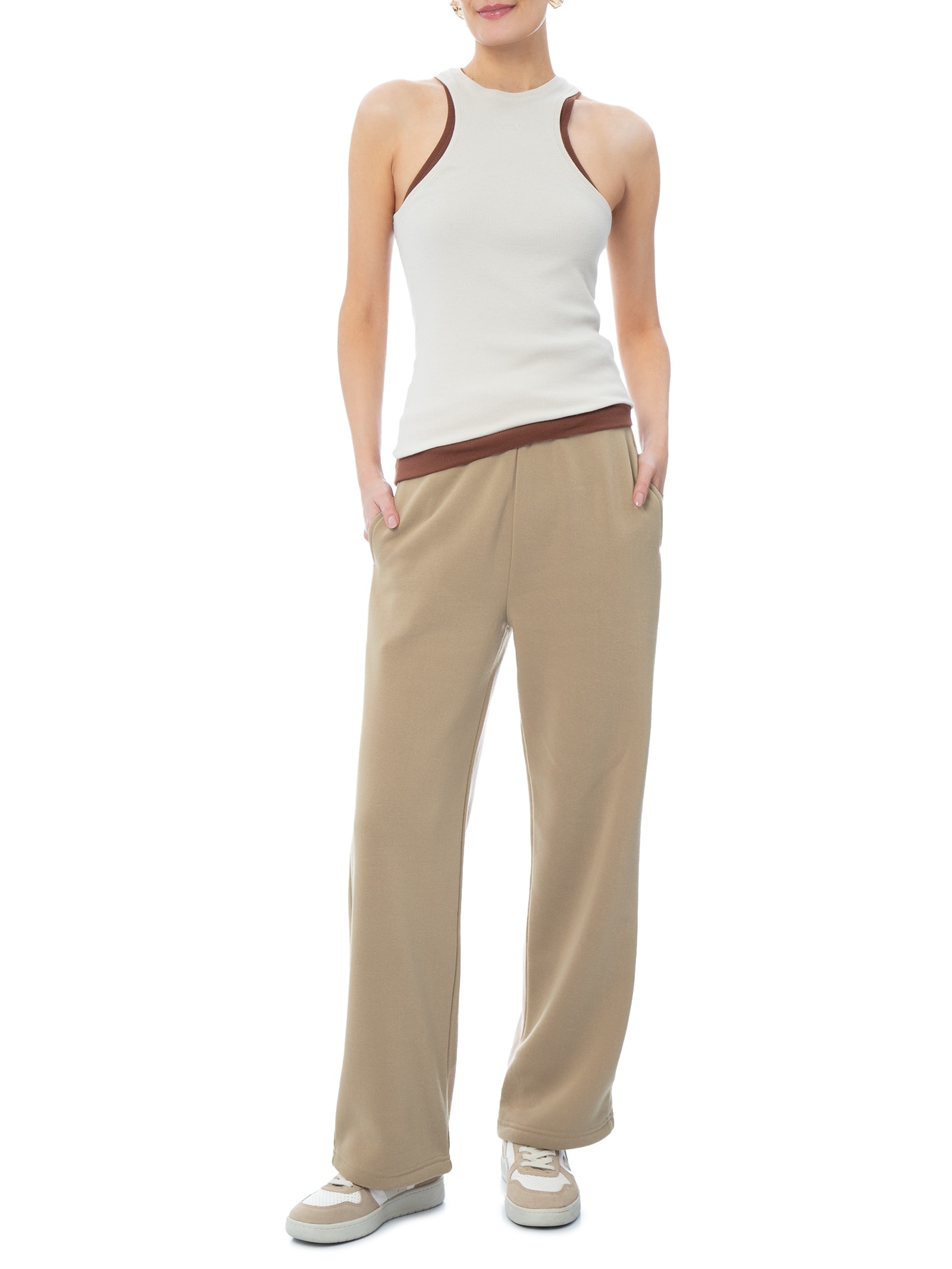 Calça Feminina Reta de Moletom Bege Basiq