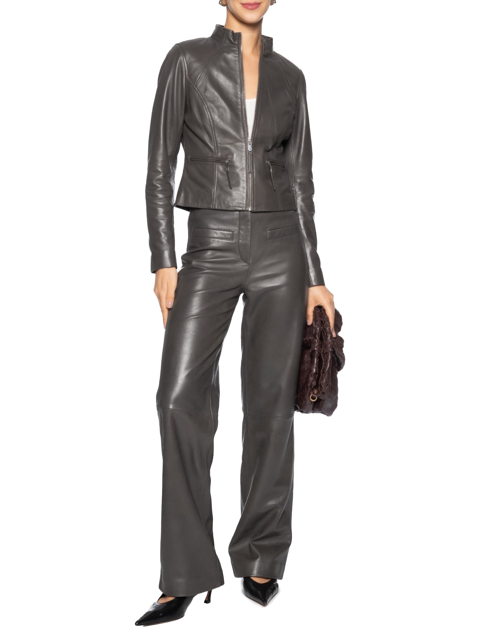 Calça Feminina Reta Em Couro Cinza '2Essential