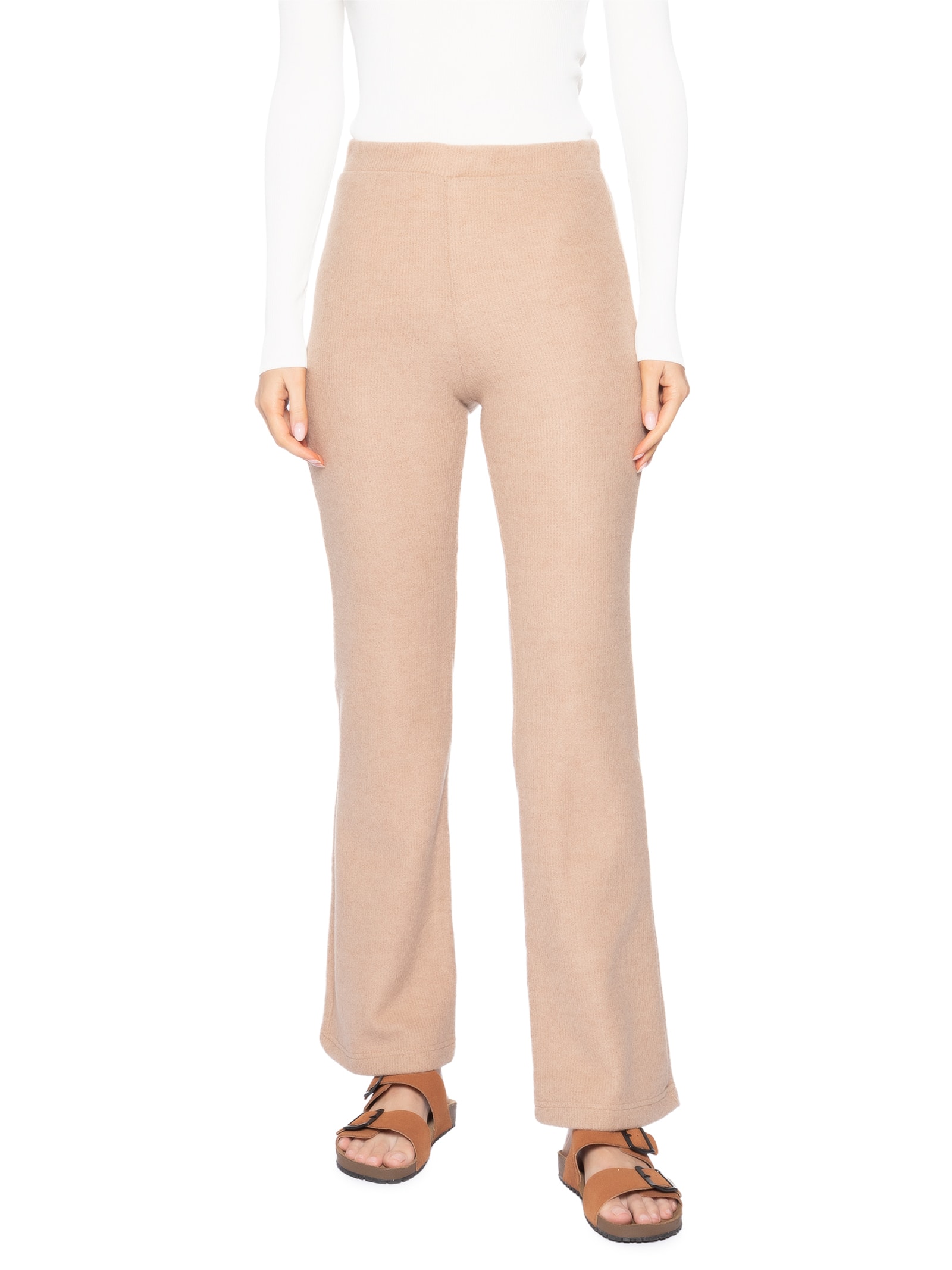 Calça Feminina Reta em Malha Bege Basiq