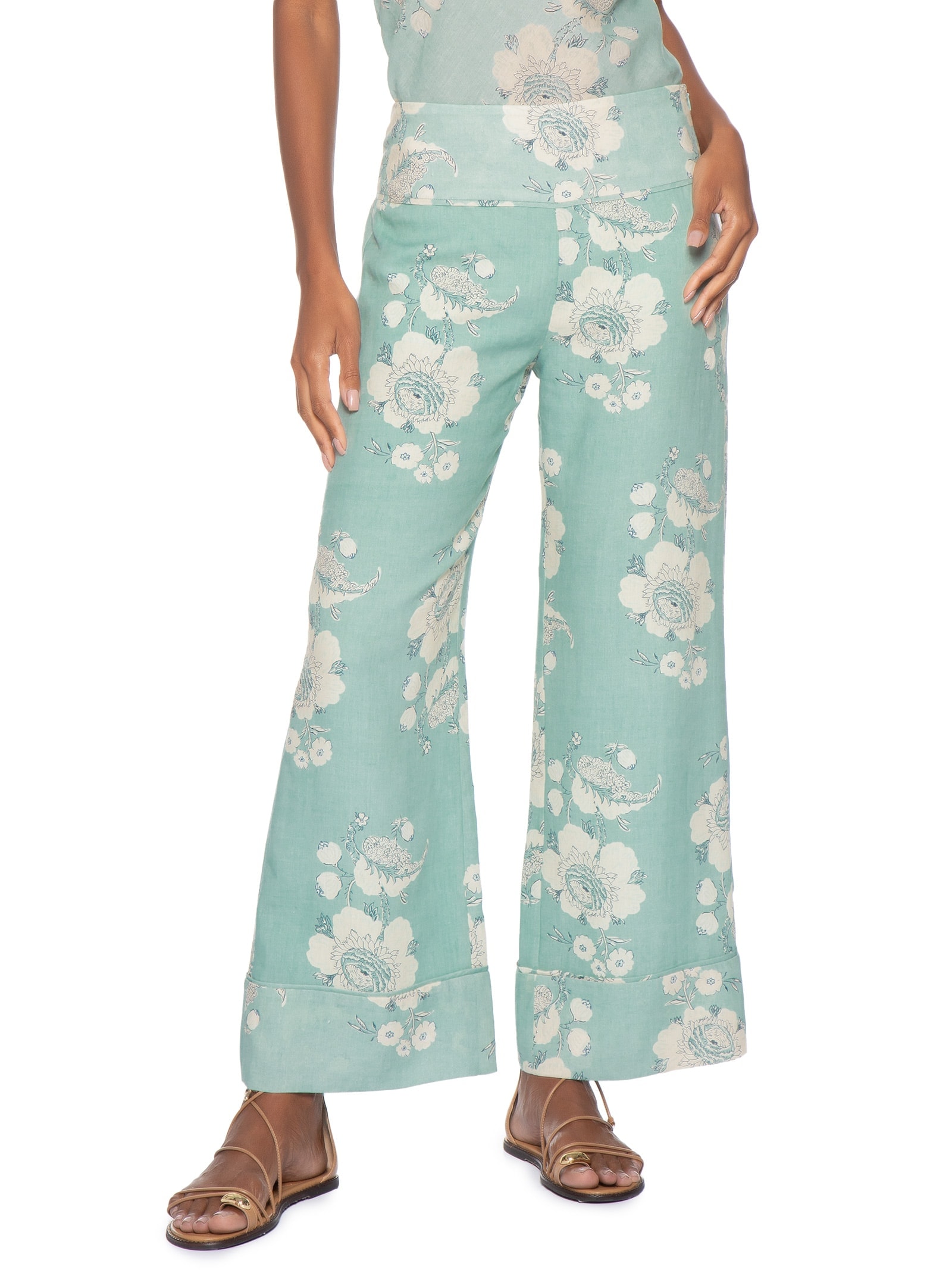 Calça Feminina Reta Estampa Fleur B Azul Maria Filó