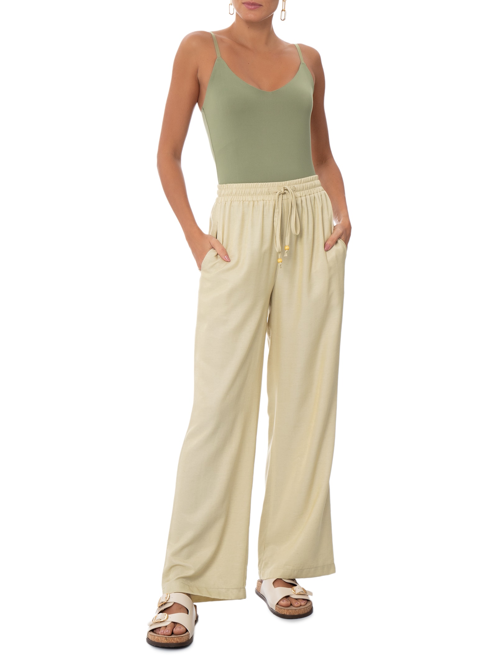 Calça Feminina Reta Linho Cáqui Basiq