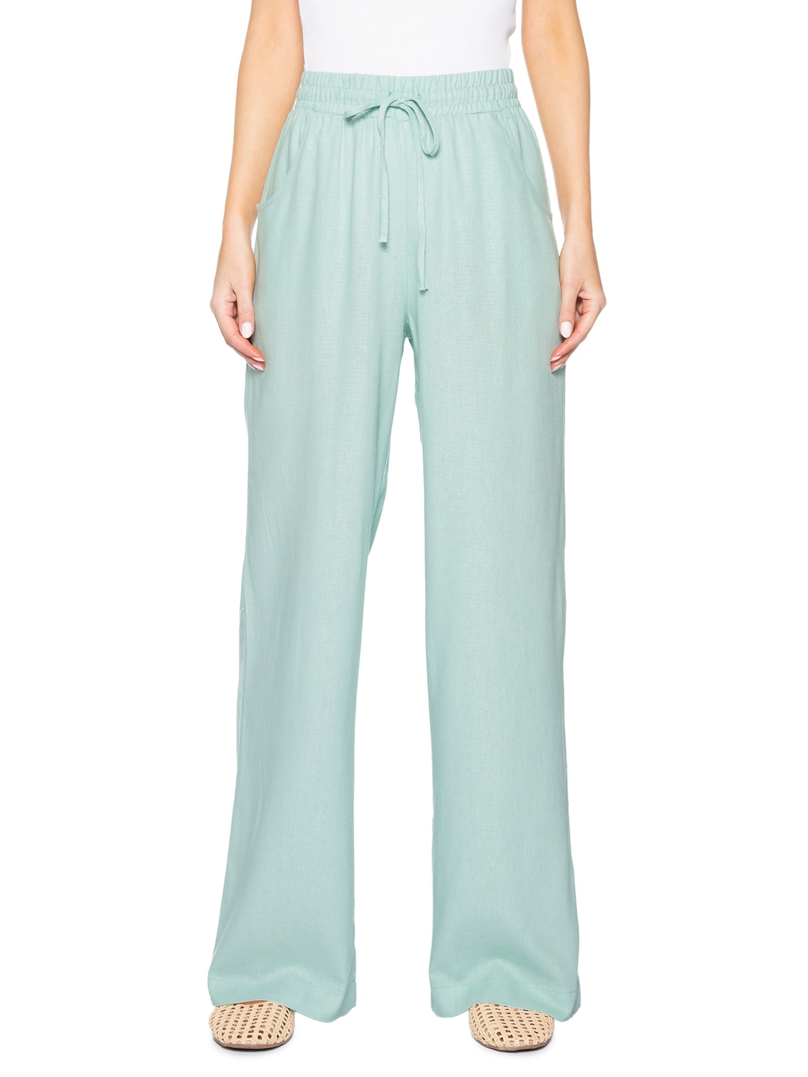 Calça Feminina Reta linho Com Bolsos Azul Basiq