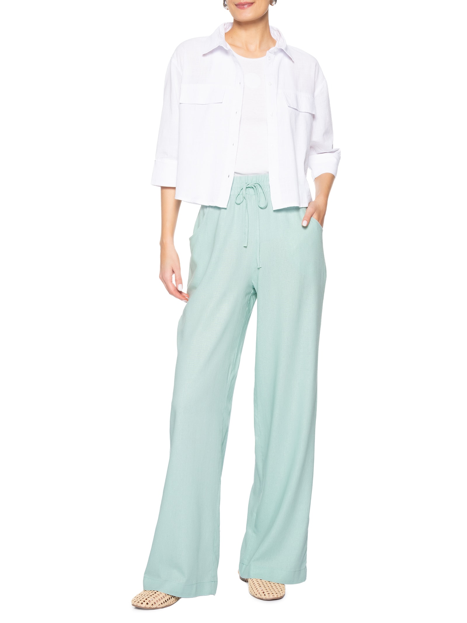 Calça Feminina Reta linho Com Bolsos Azul Basiq