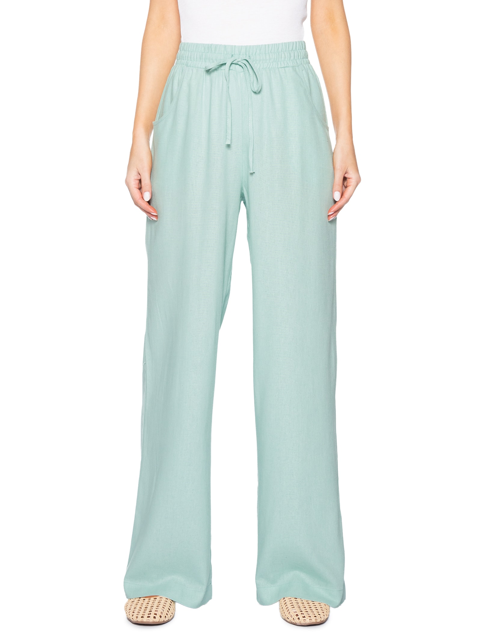 Calça Feminina Reta linho Com Bolsos Azul Basiq