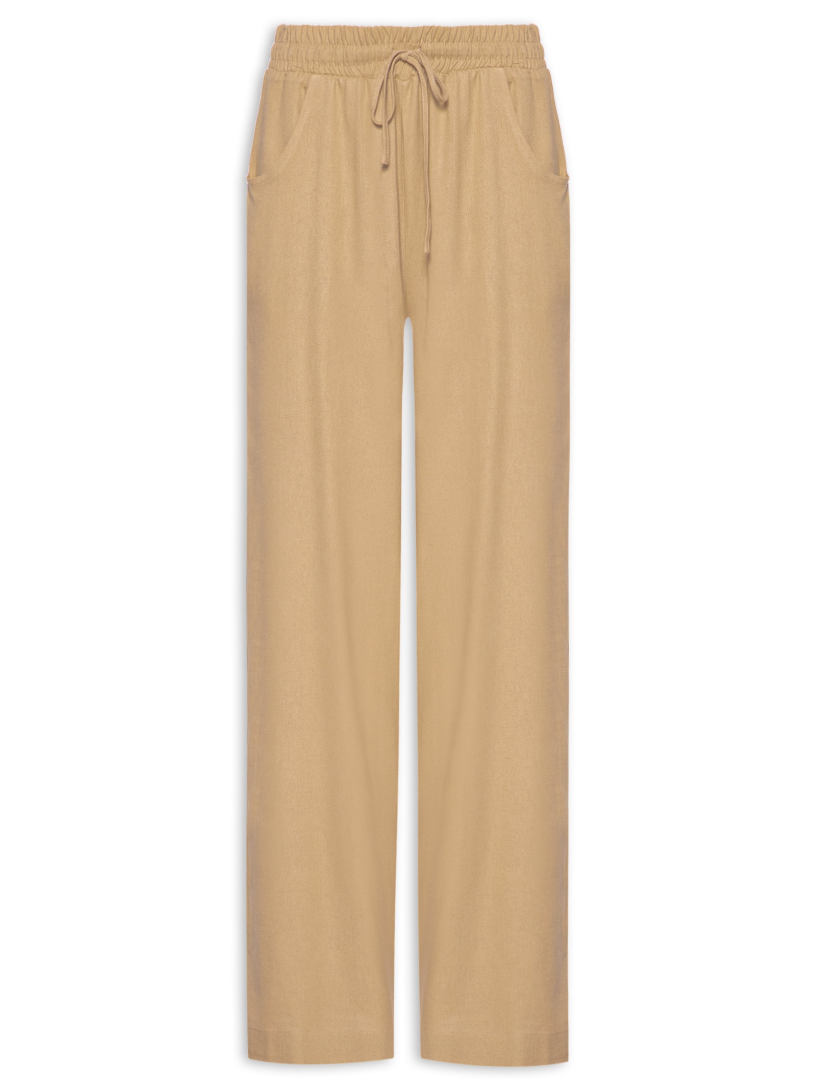 Calça Feminina Reta linho Com Bolsos Bege Basiq