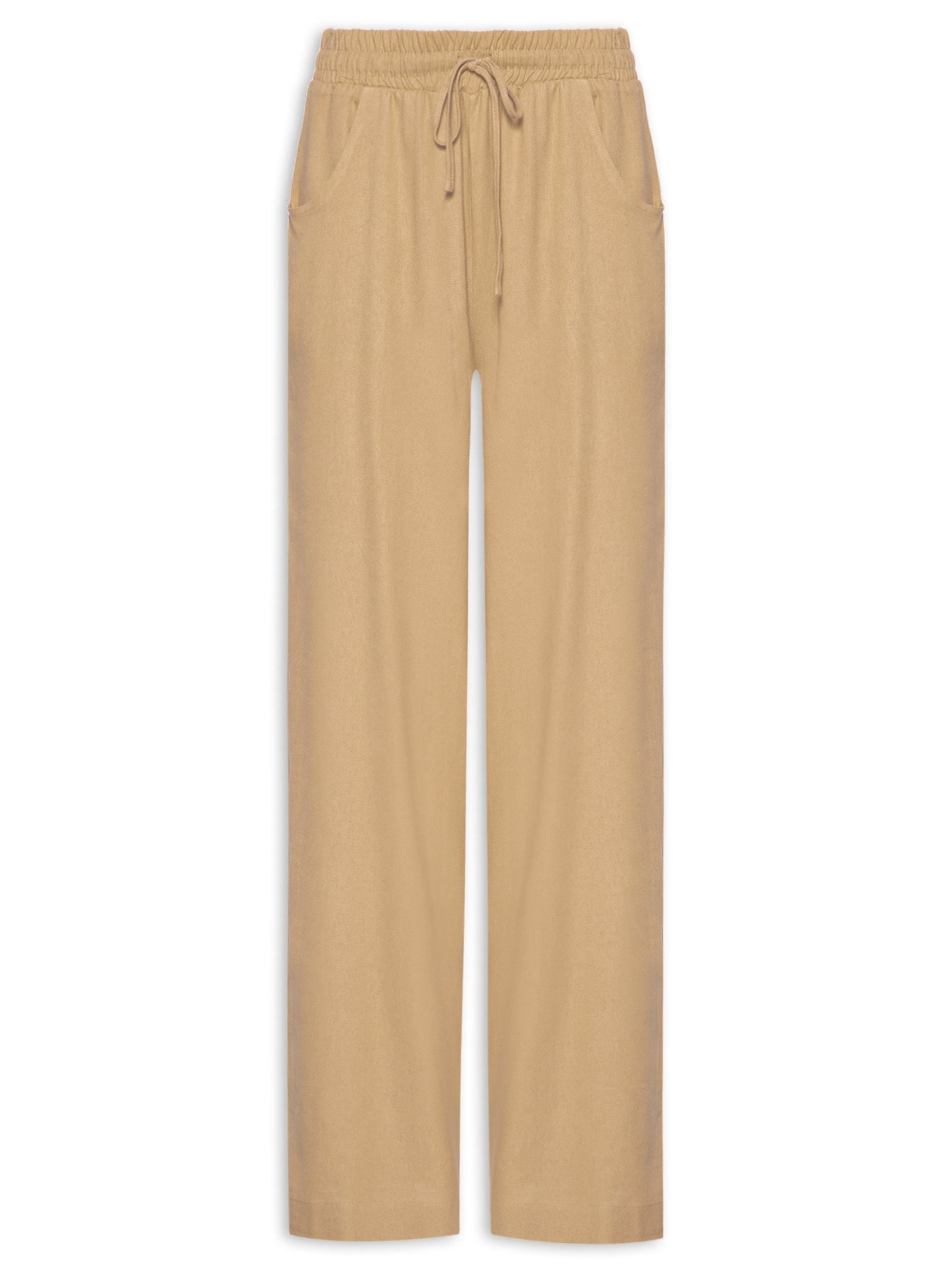 Calça Feminina Reta linho Com Bolsos Bege Basiq