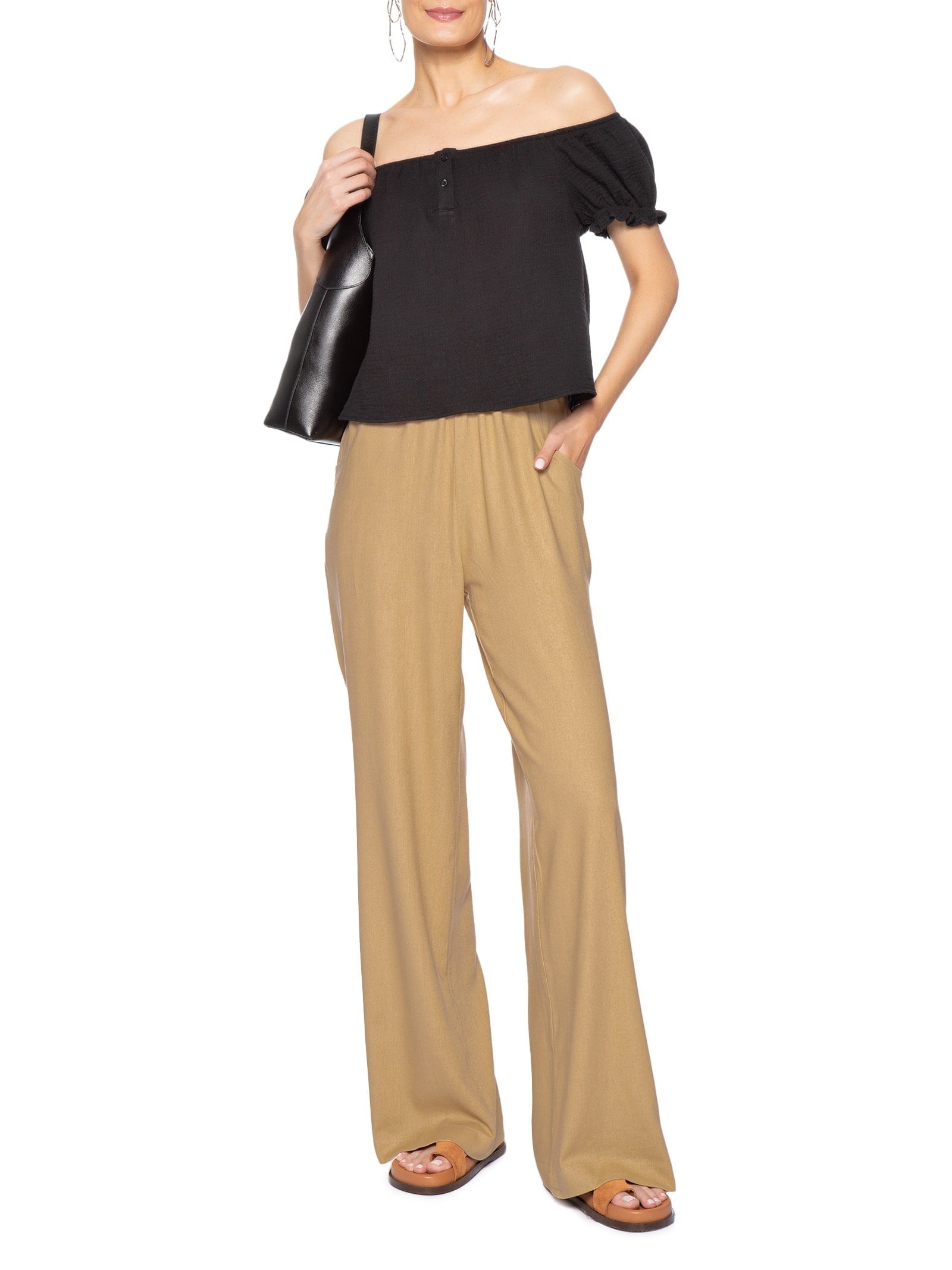 Calça Feminina Reta linho Com Bolsos Bege Basiq