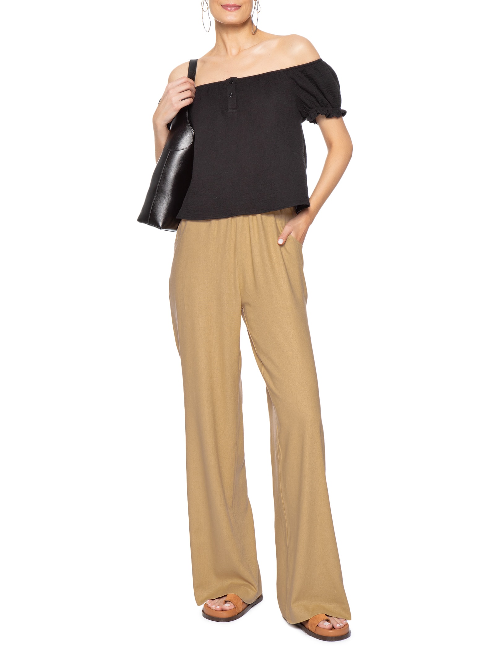 Calça Feminina Reta linho Com Bolsos Bege Basiq