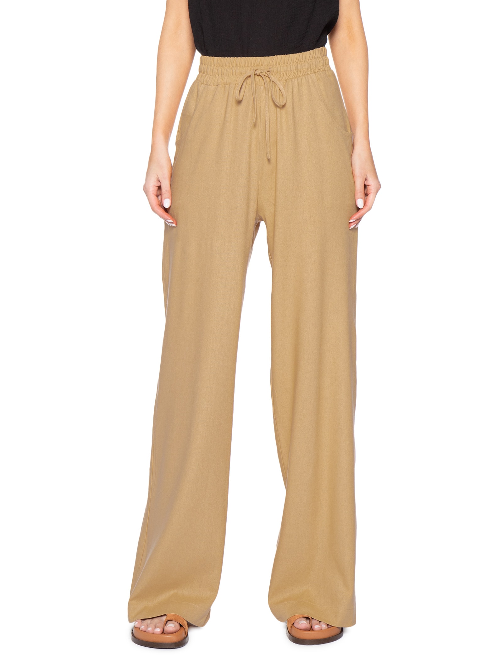 Calça Feminina Reta linho Com Bolsos Bege Basiq