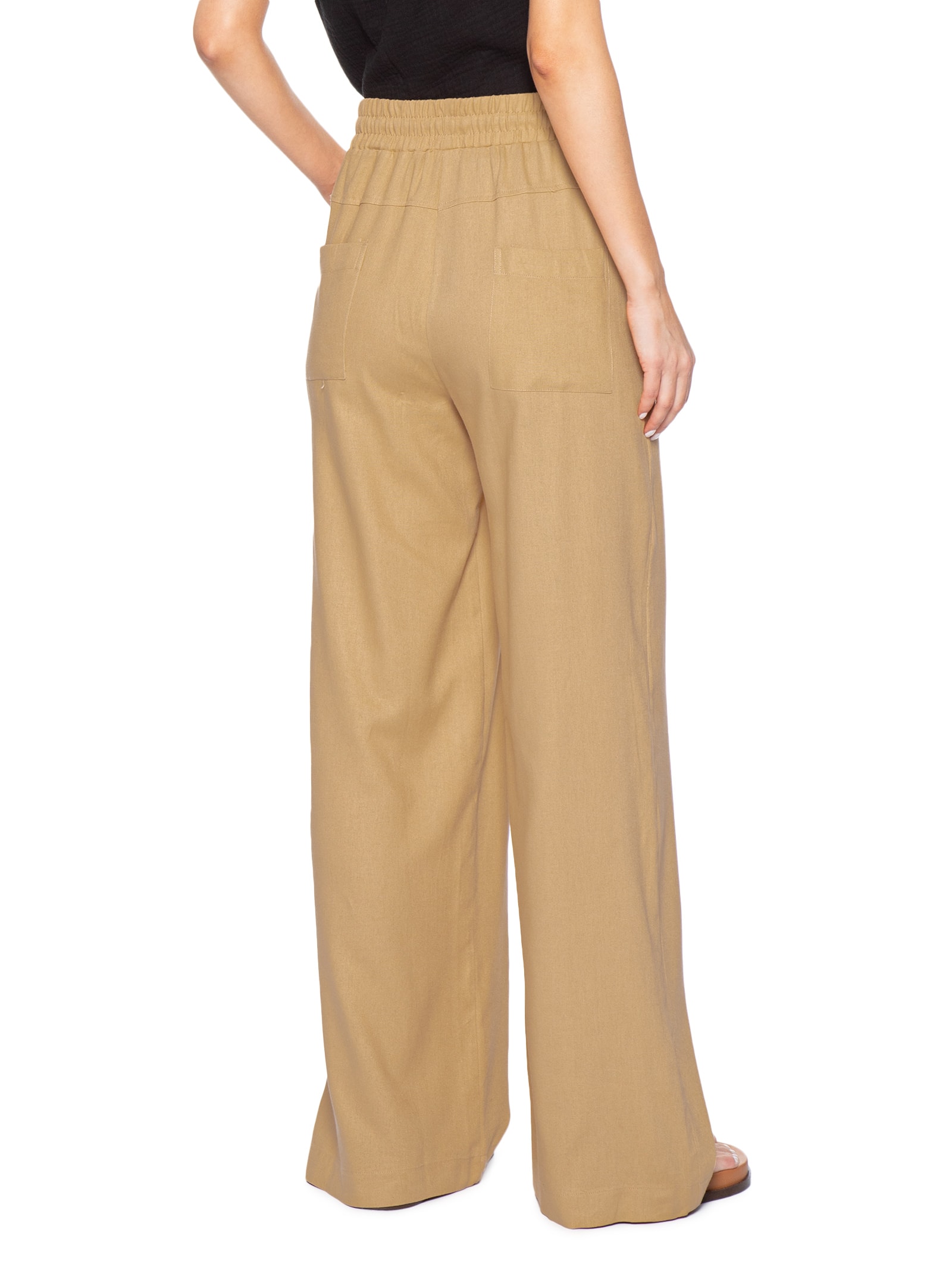Calça Feminina Reta linho Com Bolsos Bege Basiq