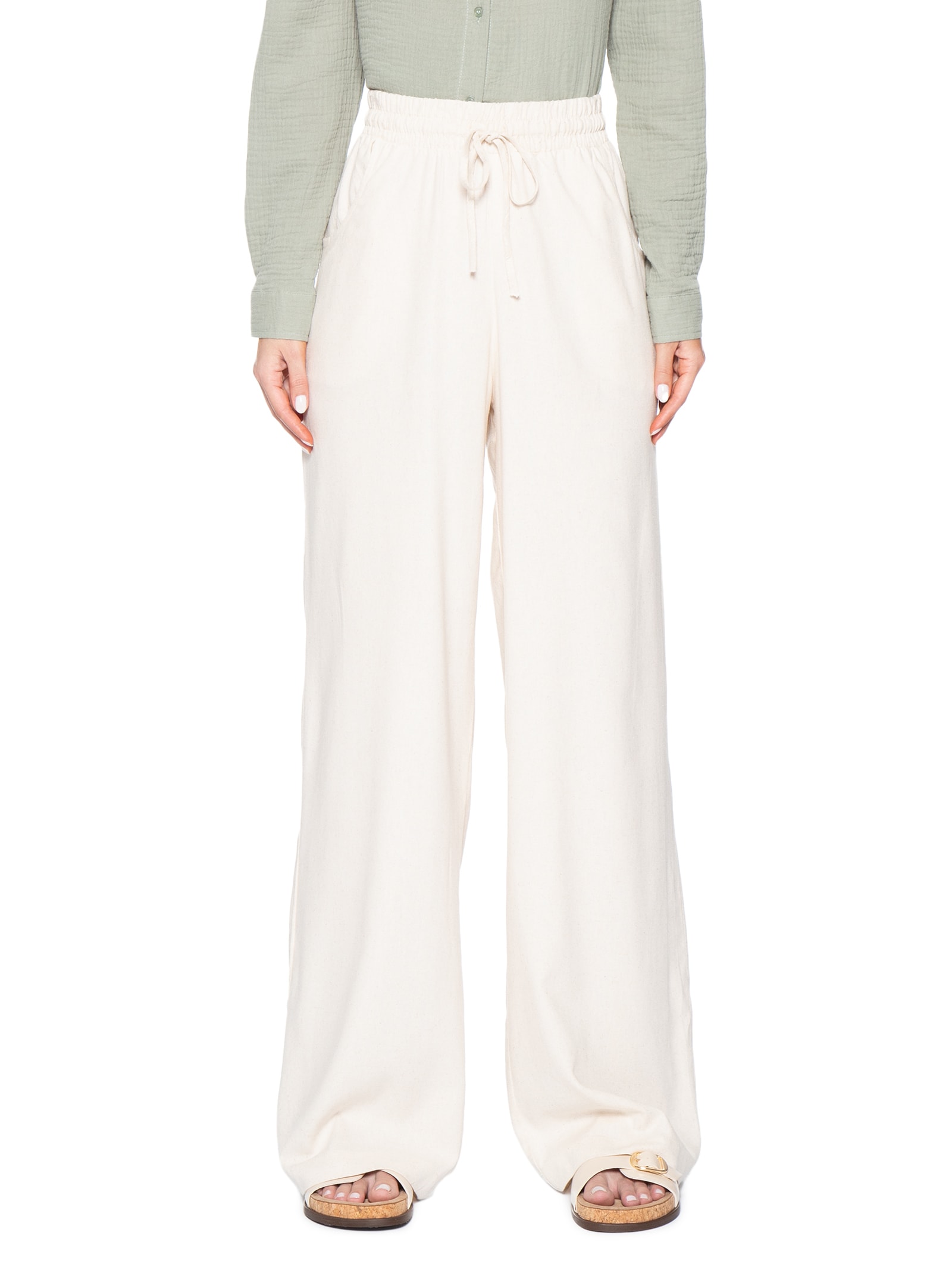 Calça Feminina Reta linho Com Bolsos Off White Basiq