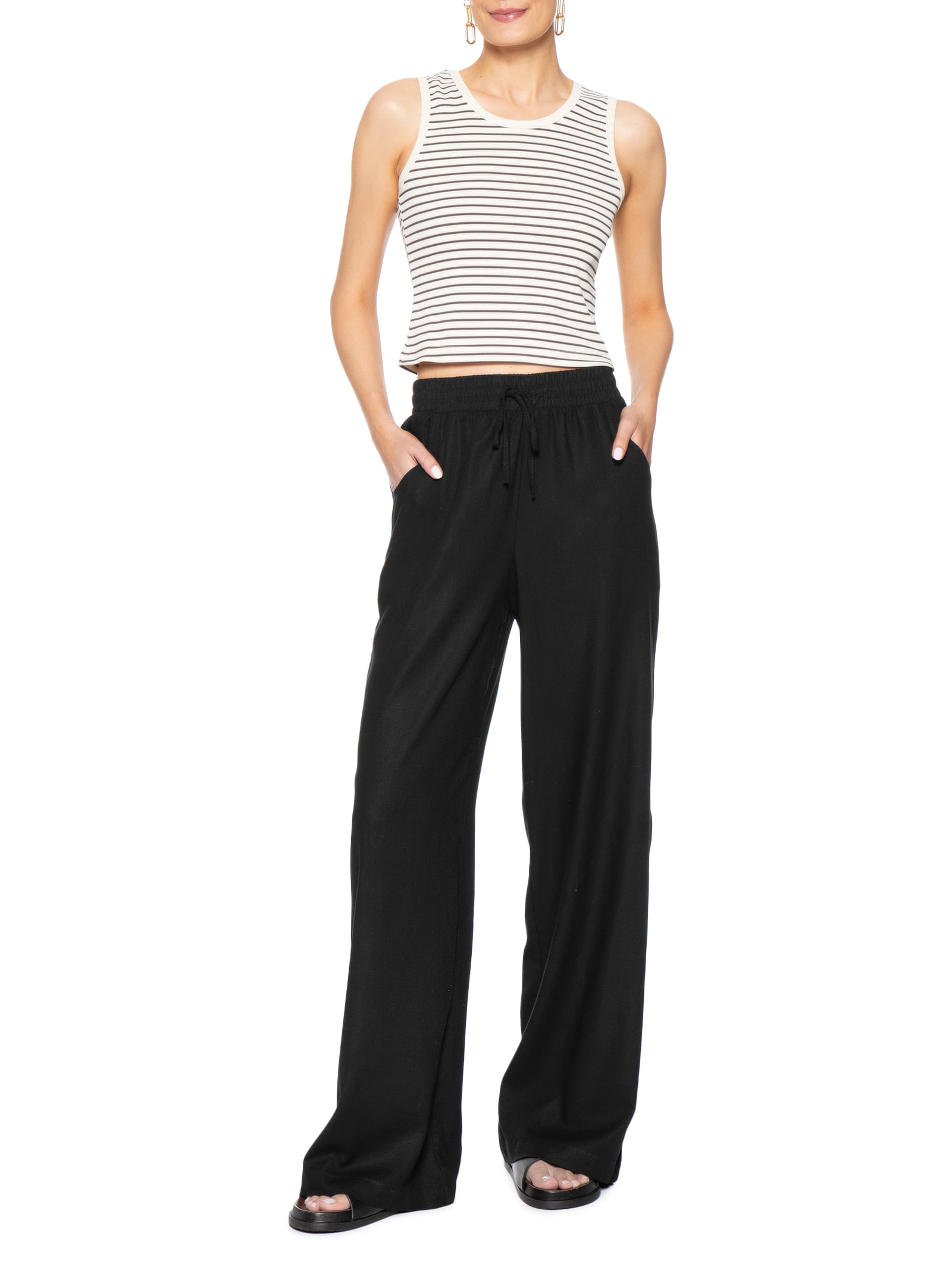 Calça Feminina Reta linho Com Bolsos Preto Basiq