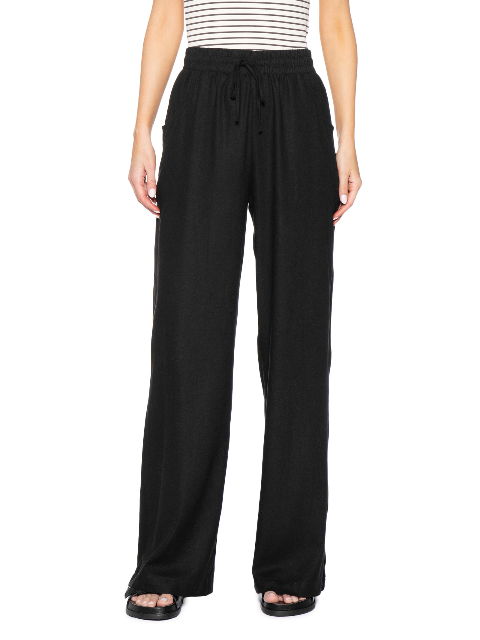 Calça Feminina Reta linho Com Bolsos Preto Basiq