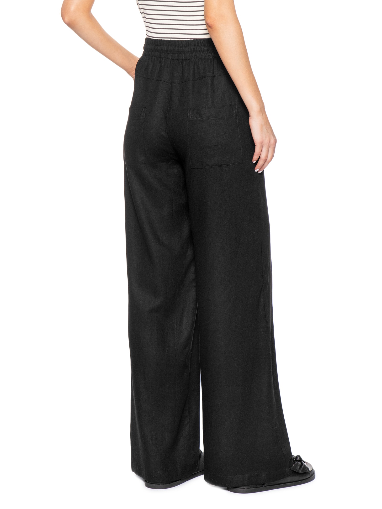 Calça Feminina Reta linho Com Bolsos Preto Basiq