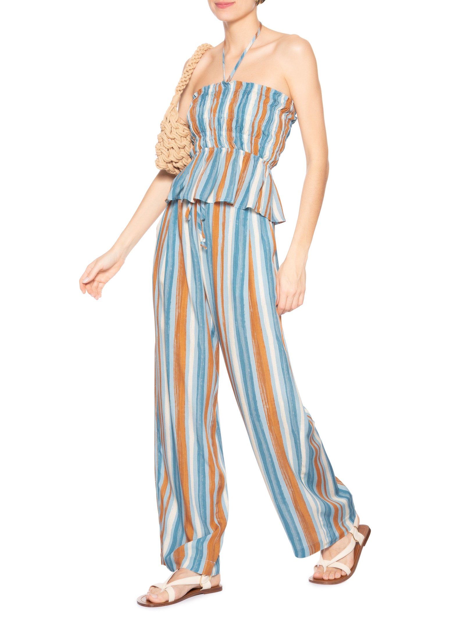 Calça Feminina Reta Listrada Azul Market 33