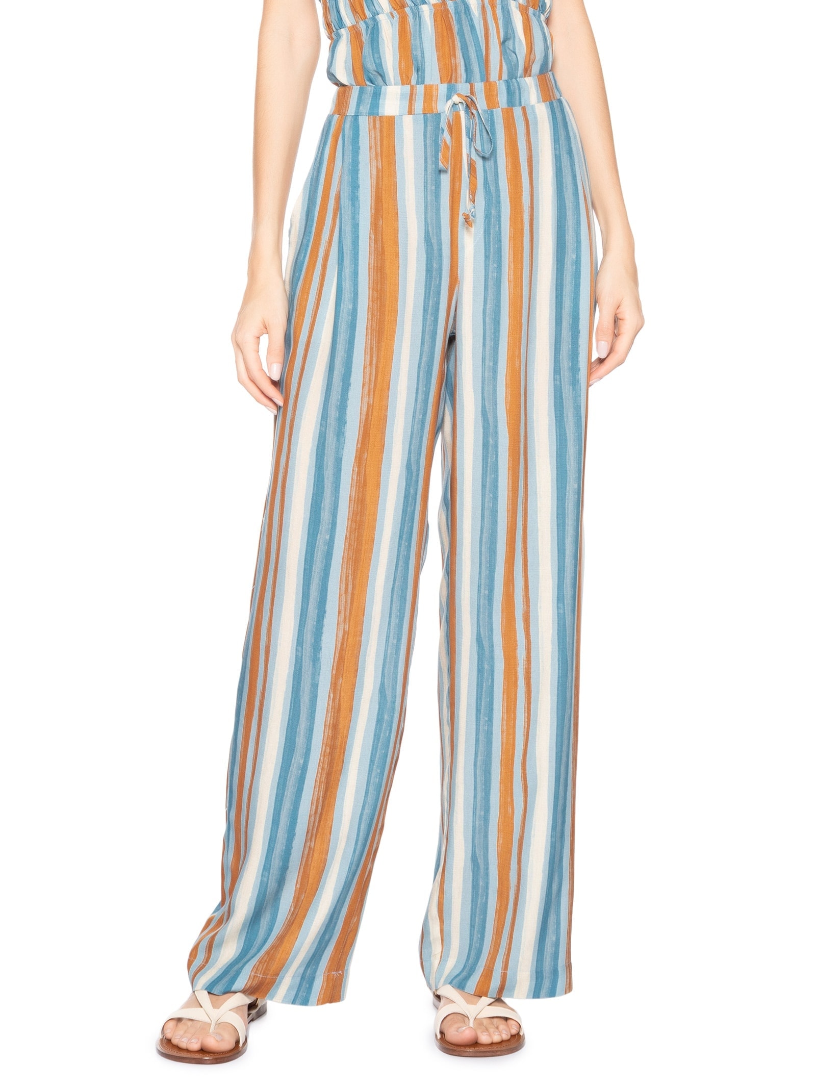 Calça Feminina Reta Listrada Azul Market 33