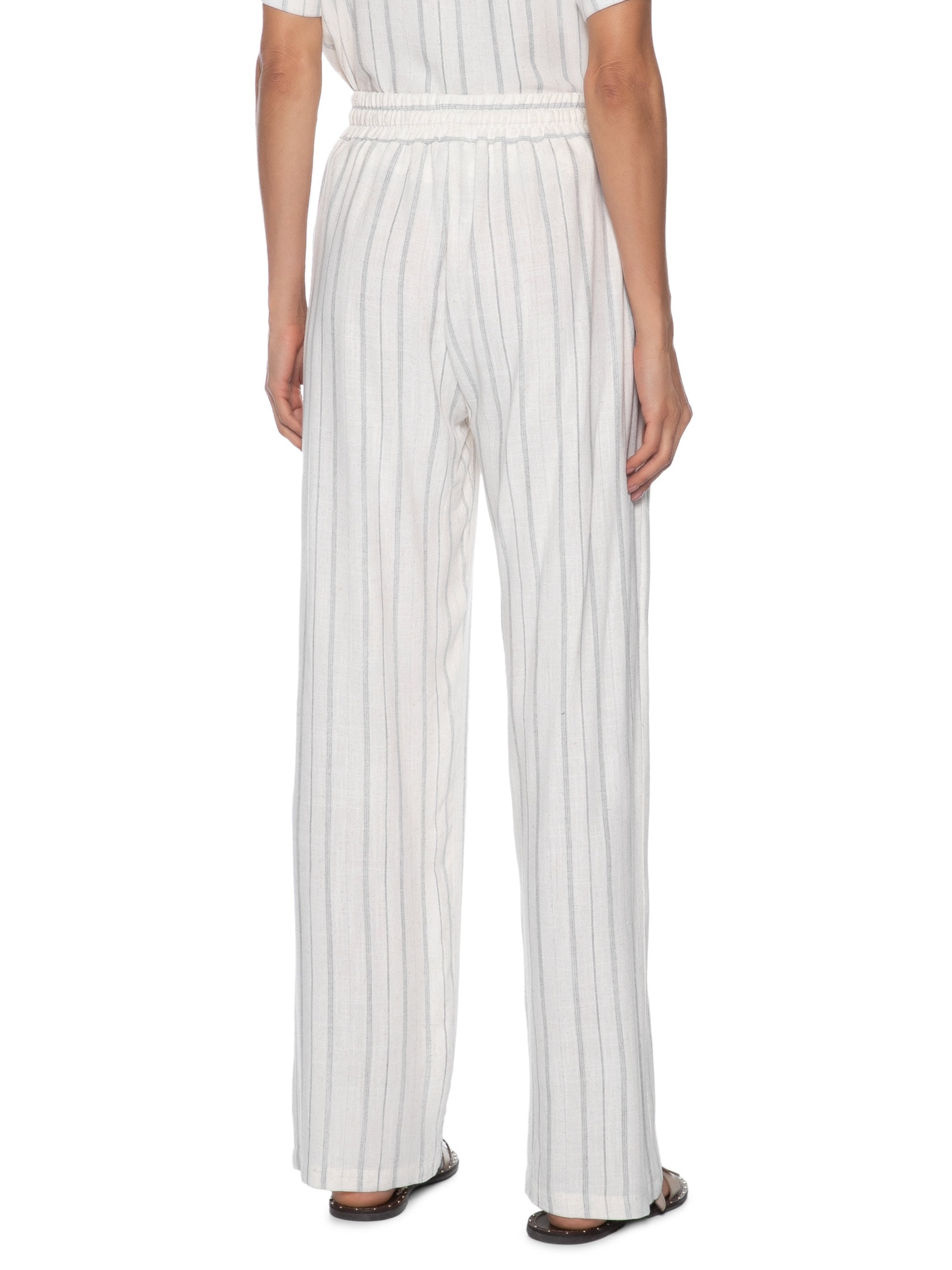 Calça Feminina Reta Listrada Com Linho Off White Basiq