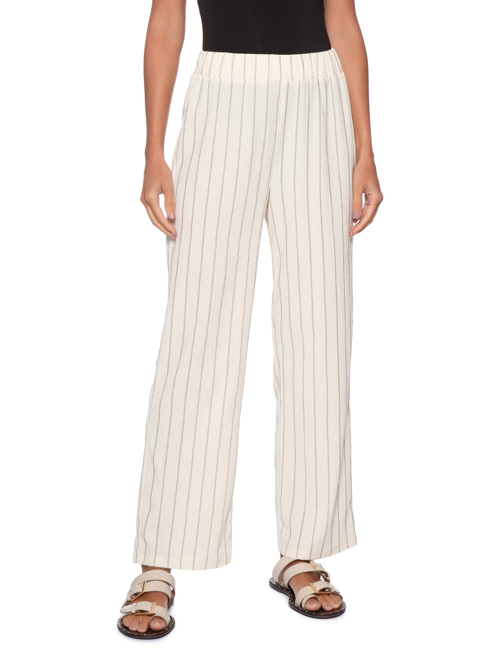 Calça Feminina Reta Listrada Off White Basiq