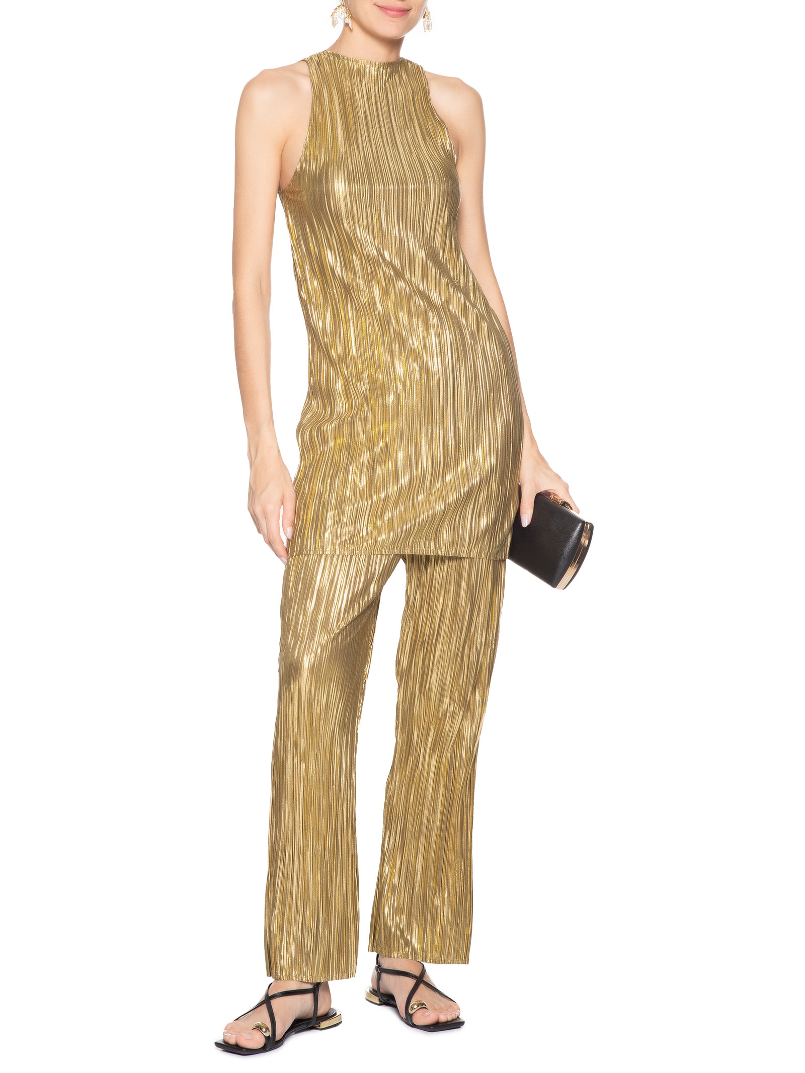 Calça Feminina Reta Plissê Gold Dourado Osklen