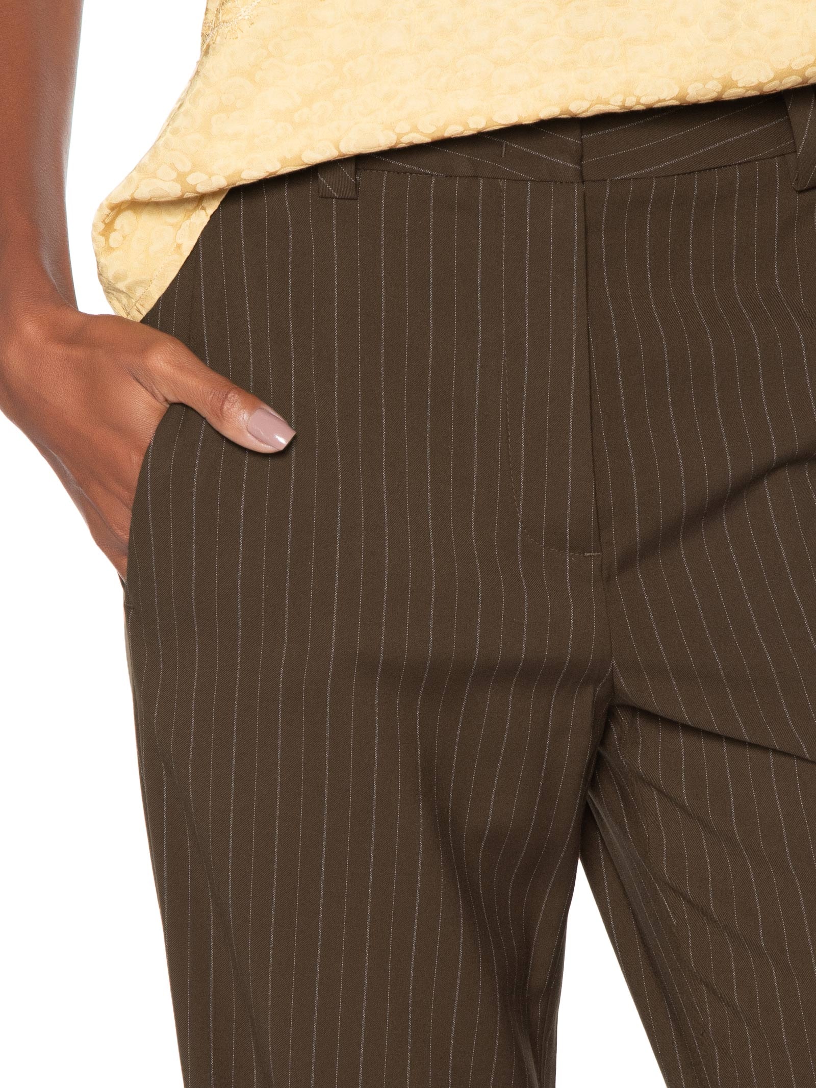 Calça Feminina Reta Risca De Giz Marrom Animale