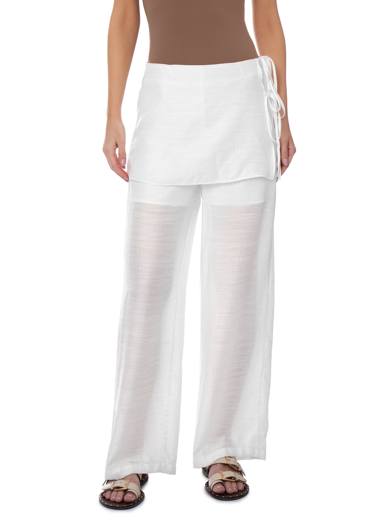 Calça Feminina Reta Sobreposição De Saia Branco Basiq