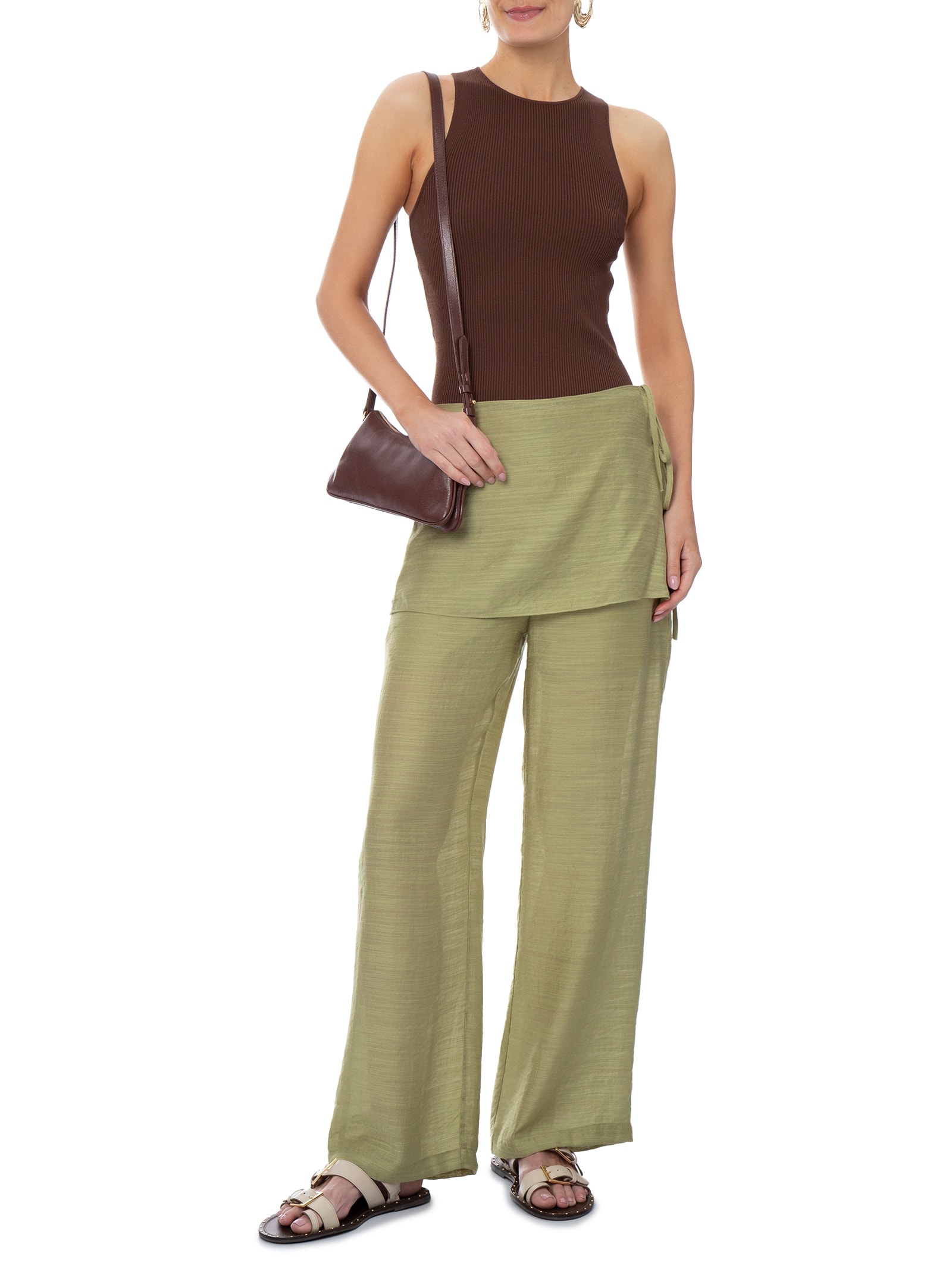 Calça Feminina Reta Sobreposição De Saia Verde Basiq