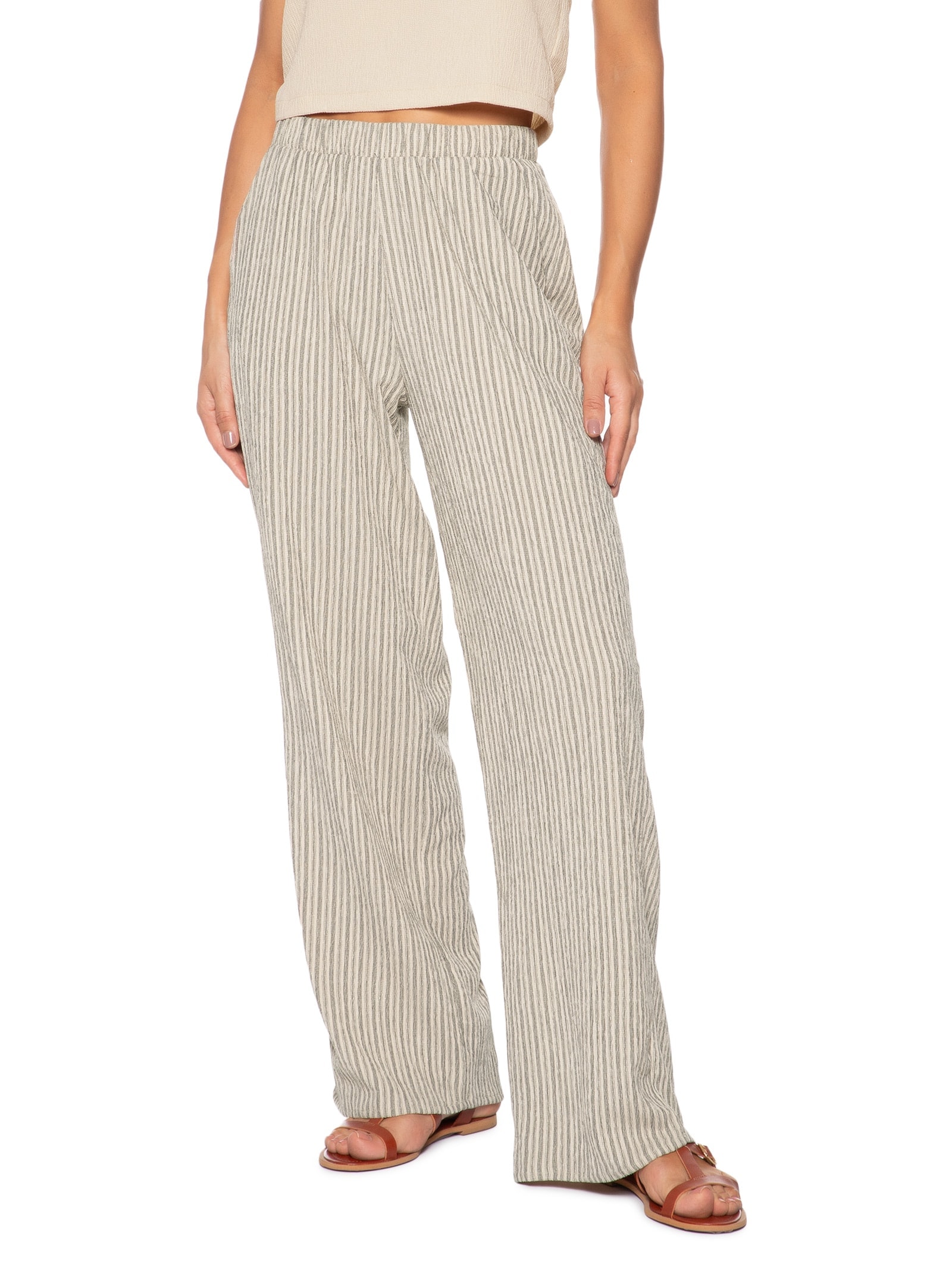 Calça Feminina Reta Texturizada Bege Basiq